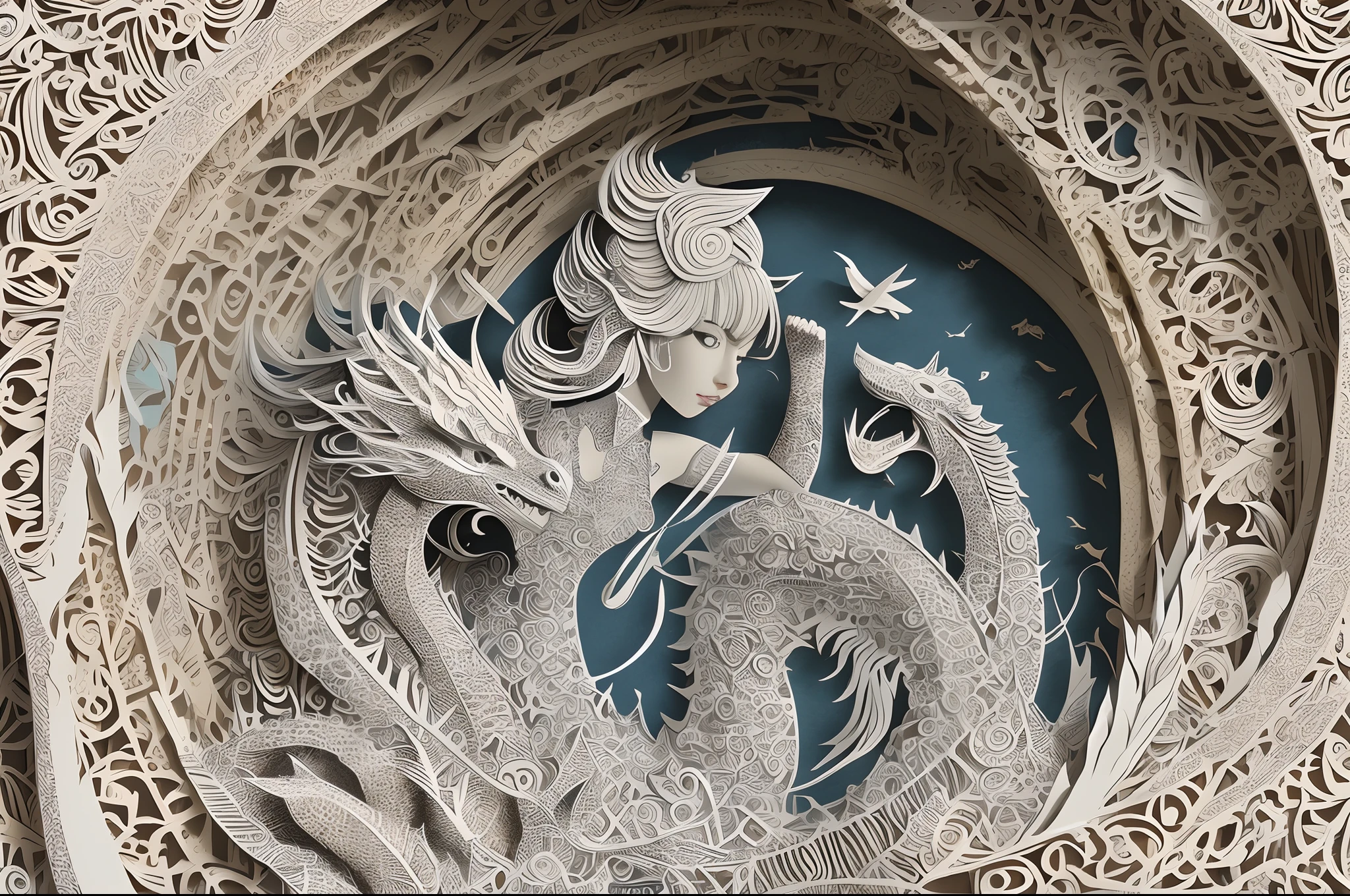 mdjrny-pprct, a girl and a dragon, great work of art, very detailed, best quality, award-winning paper cutting work