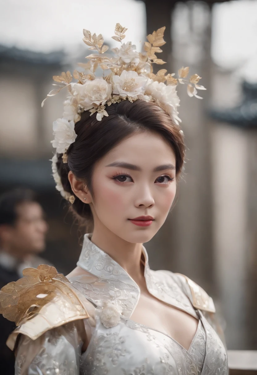(Best quality,4K,8K,A high resolution,Masterpiece:1.2),Ultra-detailed,(wide wide shot)Wedding photo of a Japanese female robot in the mid-twenties,Made of shiny white and silver translucent glass and plastic, geisha makeup and hairstyle, Silver metal interior body, Glowing gold circuit,