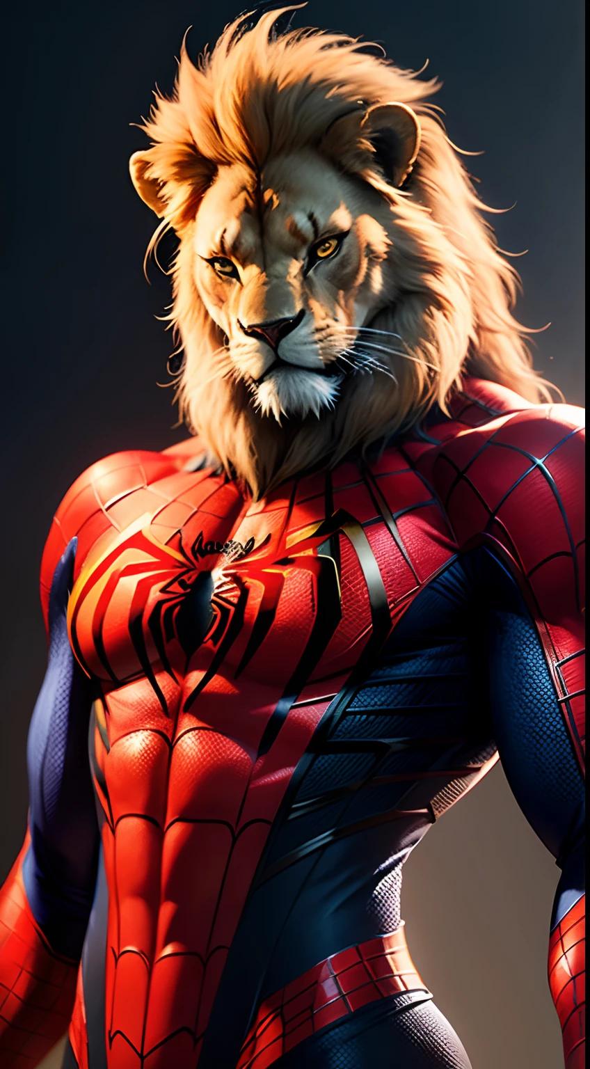 a lion but figured as spiderman, male, profesional photo shoot, high detailed, ultra hd image, realistic