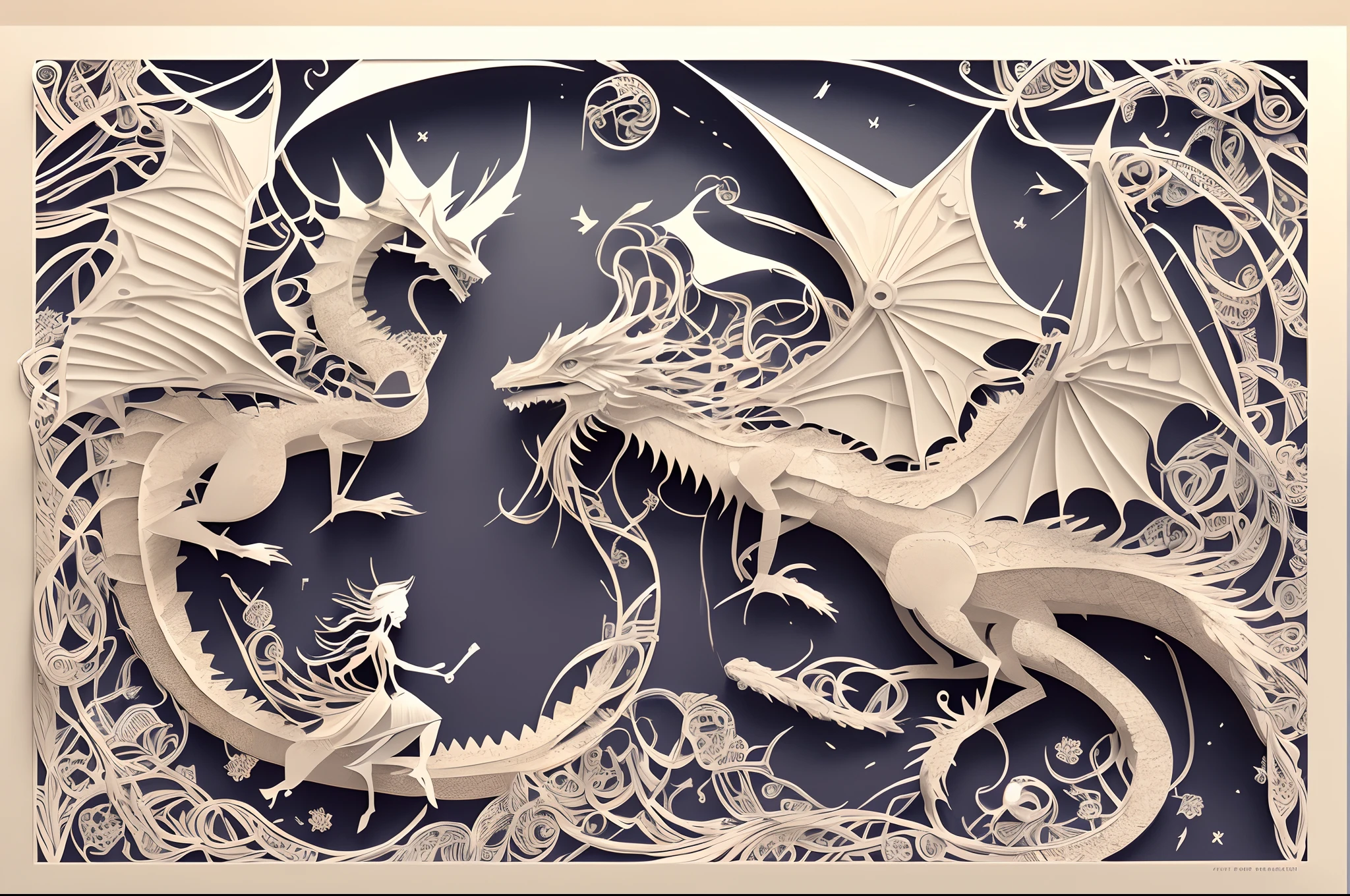mdjrny-pprct, a girl and a dragon, great work of art, very detailed, best quality, award-winning paper cutting work