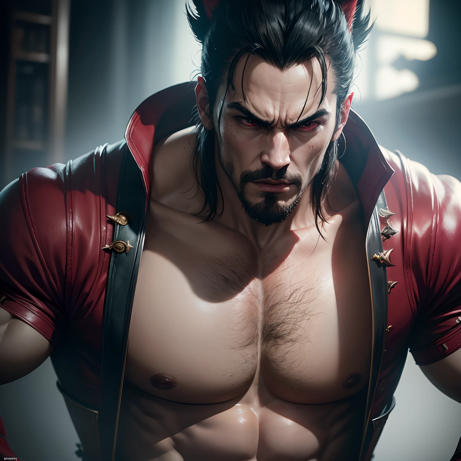 A caricature of an old man with a handsome face ,Neat black hair , wearing a wide red robe , A pair of loose black pants stood in front of him ; a comic board by Jang Seung-eop, , Auto-destructive art, manhwa, Big Vision, Legendary gods , Former Demon Kings, Full body image CGI anime style, Open V-bra, Handsome Man Anime, 8k