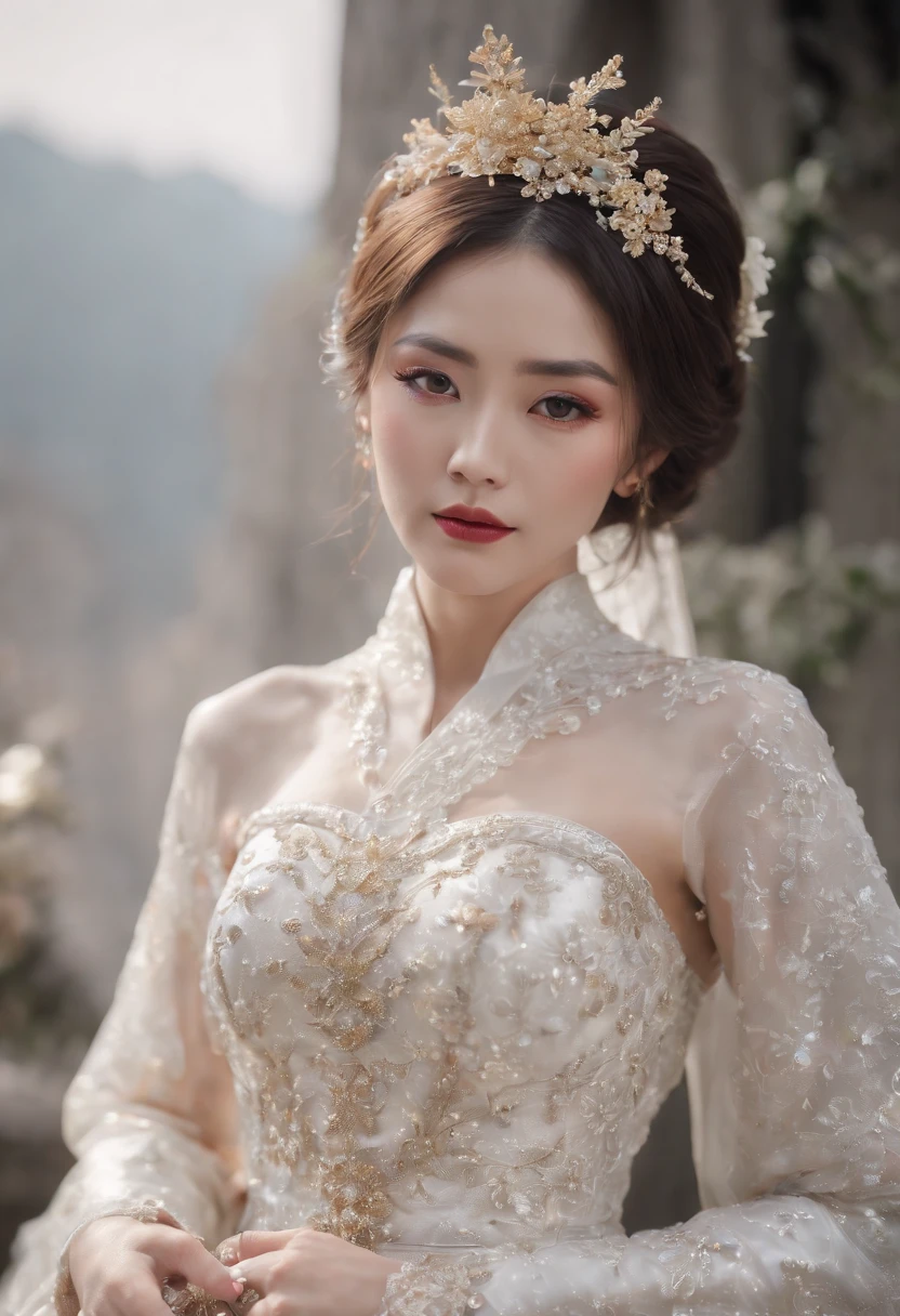 (Best quality,4K,8K,A high resolution,Masterpiece:1.2),Ultra-detailed,(wide wide shot)Wedding photo of a Japanese female robot in the mid-twenties,Made of shiny white and silver translucent glass and plastic, geisha makeup and hairstyle, Silver metal interior body, Glowing gold circuit,
