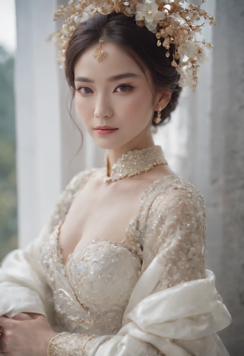 (Best quality,4K,8K,A high resolution,Masterpiece:1.2),Ultra-detailed,(wide wide shot)Wedding photo of a Japanese female robot in the mid-twenties，Made of shiny white and silver translucent glass and plastic, geisha makeup and hairstyle, Silver metal interior body, Glowing gold circuit,