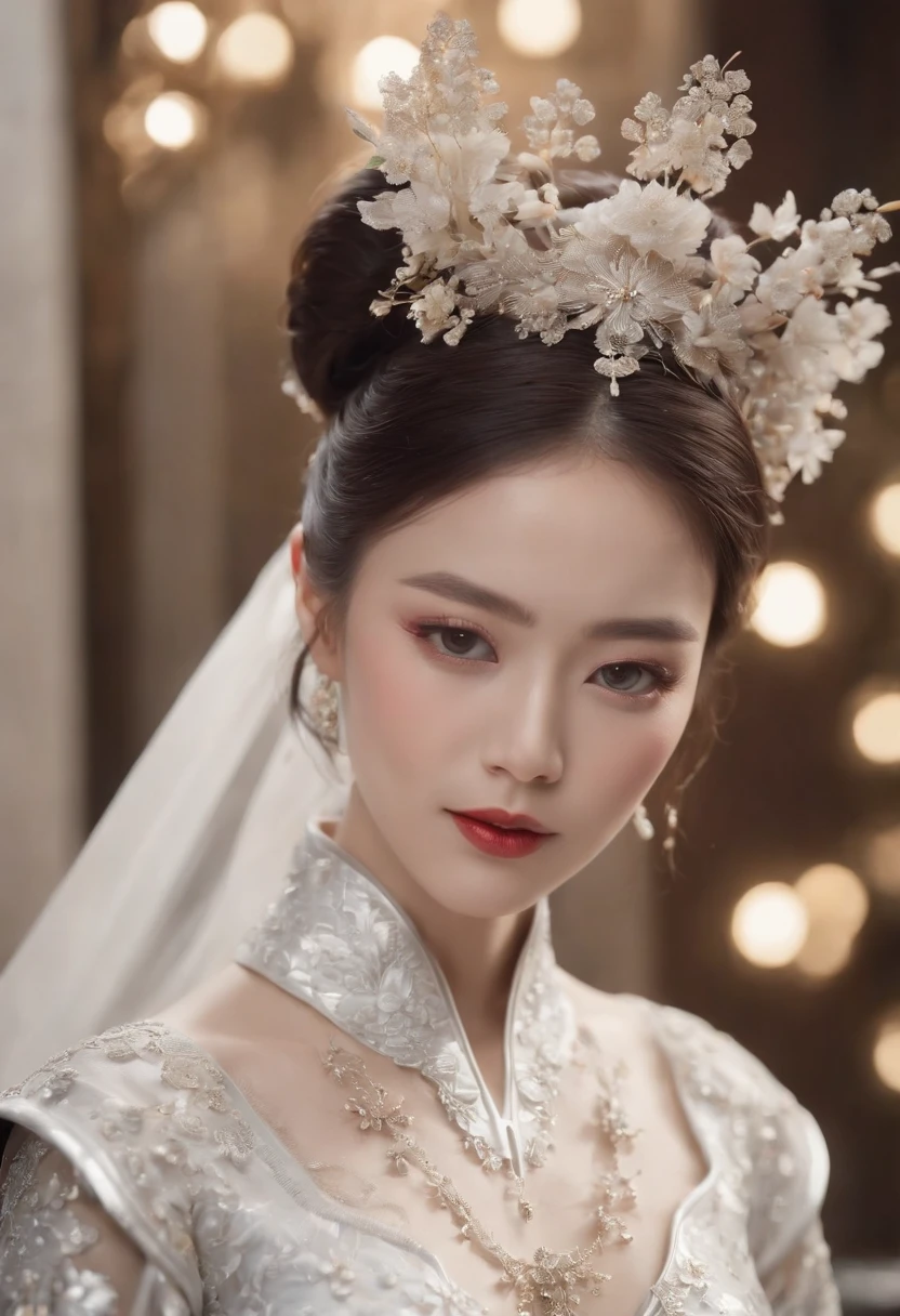 (Best quality,4K,8K,A high resolution,Masterpiece:1.2),Ultra-detailed,(wide wide shot)Wedding photo of a Japanese female robot in the mid-twenties，Made of shiny white and silver translucent glass and plastic, geisha makeup and hairstyle, Silver metal interior body, Glowing gold circuit,
