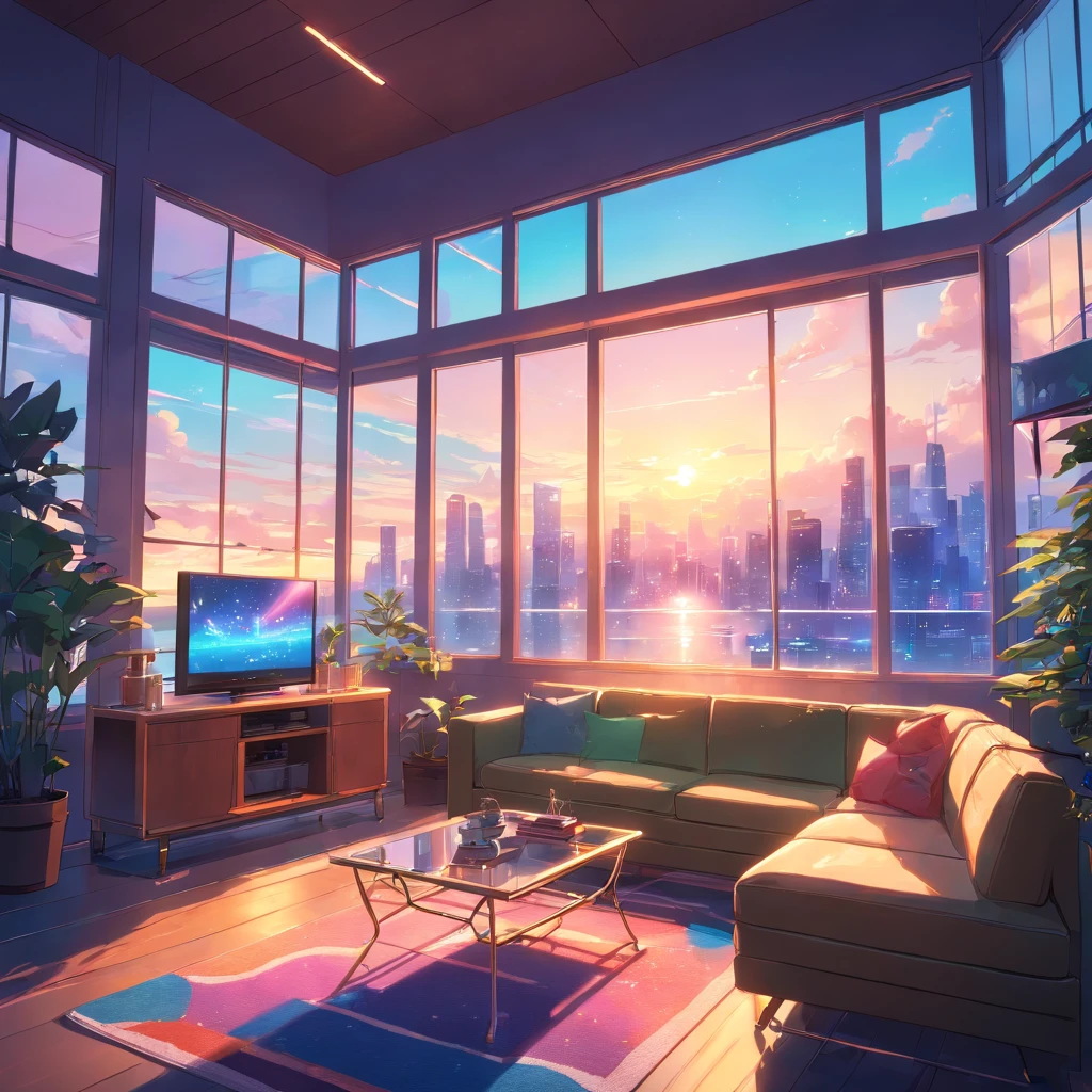 luxurious futurisitic inside neon house living room with glass window in anime style