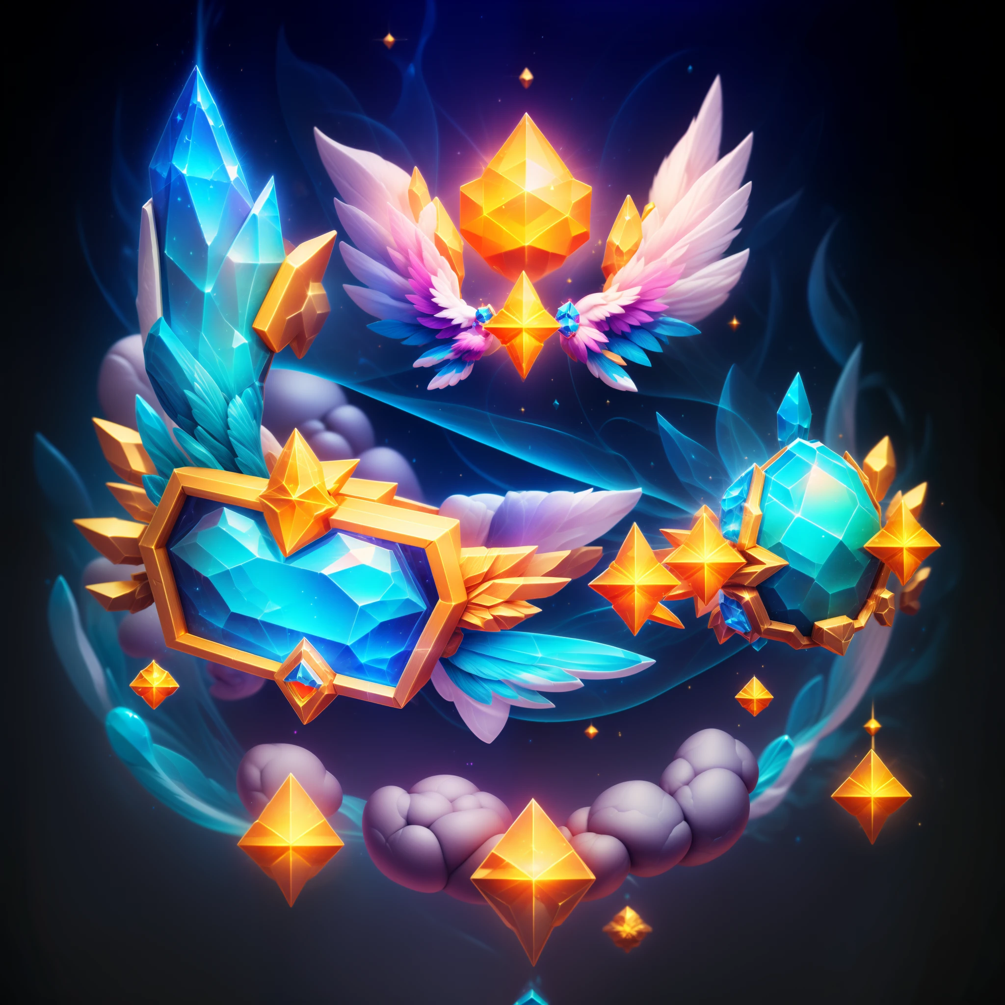 Close up of shoes and diamonds on colorful background, Glass shoes and pigeon feathers, Item Art, star guardians, 3 d icon for mobile game, Magic artifacts, Heartstone Original Art Style, magical items, star guardian inspired, Shiny Gem, maplestory mouse, Shiny gemstones, ornate gem in pommel, angelic halo, shiny armor