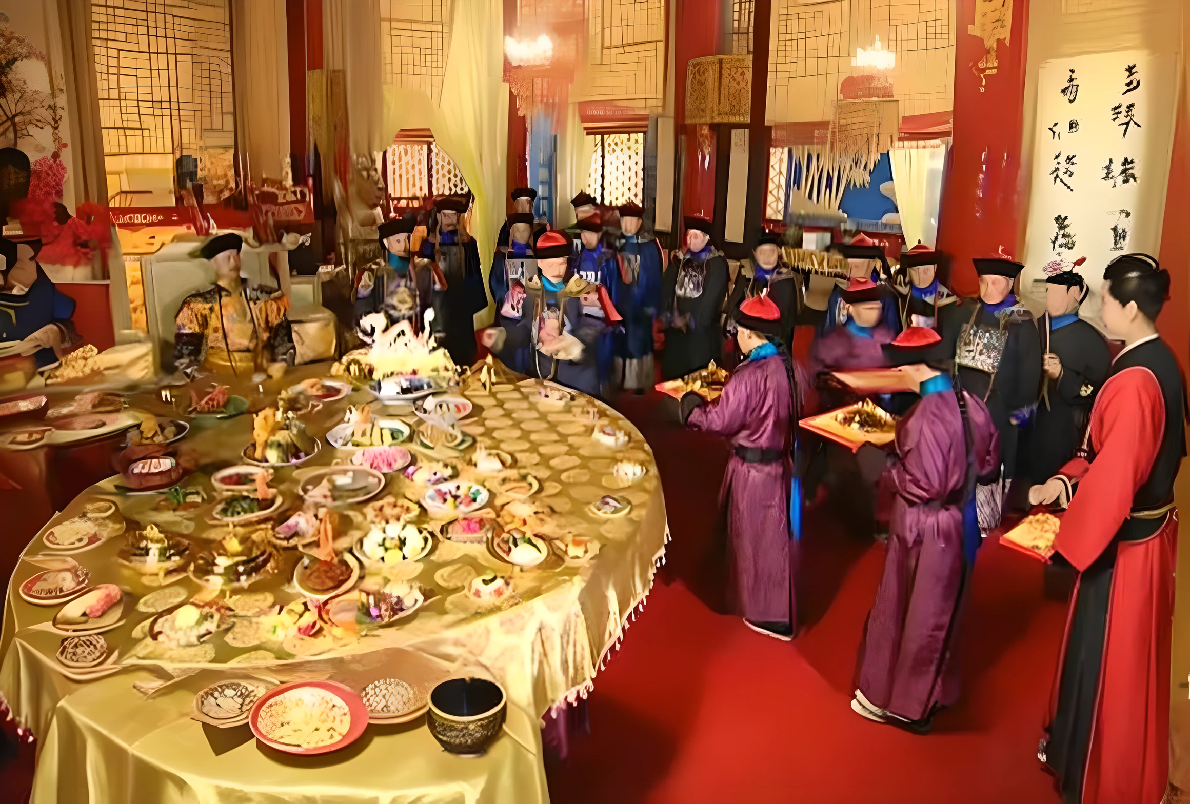 A group of people dressed in traditional Chinese costumes stood around a table, Princess at a royal banquet, Tang Dynasty Palace, video, feast, Taoist temples and monks, Chinese traditional, Ancient sword, the table is full of food, Celebrate the coronation of the king, by Xuande Emperor, Wearing ancient Chinese clothes, Ceremonial ceremonies, A medieval feast, offering a plate of food