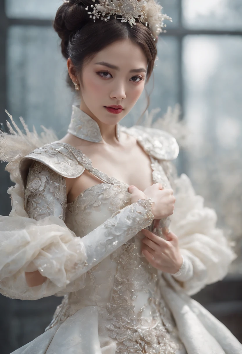 (Best quality,4K,8K,A high resolution,Masterpiece:1.2),Ultra-detailed,(wide wide shot)Wedding photo of a Japanese female robot in the mid-twenties，Made of shiny white and silver translucent glass and plastic, geisha makeup and hairstyle, Silver metal interior body, Glowing gold circuit,