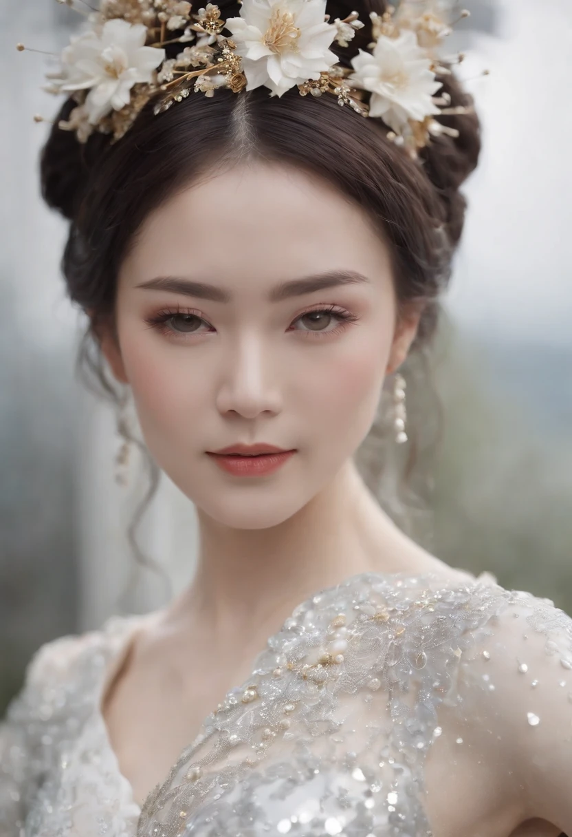 (Best quality,4K,8K,A high resolution,Masterpiece:1.2),Ultra-detailed,(wide wide shot)Wedding photo of a Japanese female robot in the mid-twenties，Made of shiny white and silver translucent glass and plastic, geisha makeup and hairstyle, Silver metal interior body, Glowing gold circuit,