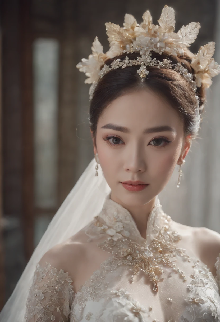 (Best quality,4K,8K,A high resolution,Masterpiece:1.2),Ultra-detailed,(wide wide shot)Wedding photo of a Japanese female robot in the mid-twenties,Made of shiny white and silver translucent glass and plastic, geisha makeup and hairstyle, Silver metal interior body, Glowing gold circuit,