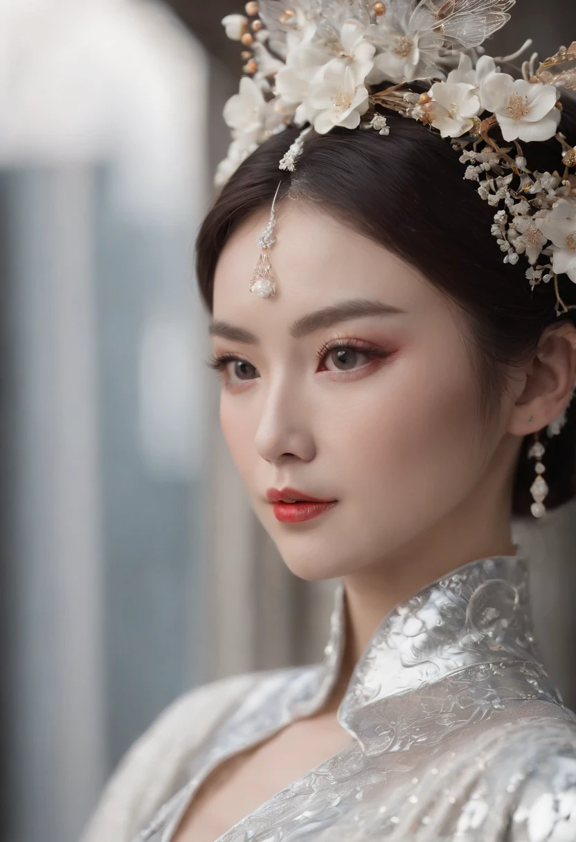 (Best quality,4K,8K,A high resolution,Masterpiece:1.2),Ultra-detailed,(wide wide shot)Wedding photo of a Japanese female robot in the mid-twenties,Made of shiny white and silver translucent glass and plastic, geisha makeup and hairstyle, Silver metal interior body, Glowing gold circuit,