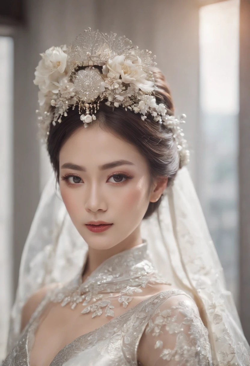 (Best quality,4K,8K,A high resolution,Masterpiece:1.2),Ultra-detailed,(wide wide shot)Wedding photo of a Japanese female robot in the mid-twenties，Made of shiny white and silver translucent glass and plastic, geisha makeup and hairstyle, Silver metal interior body, Glowing gold circuit,