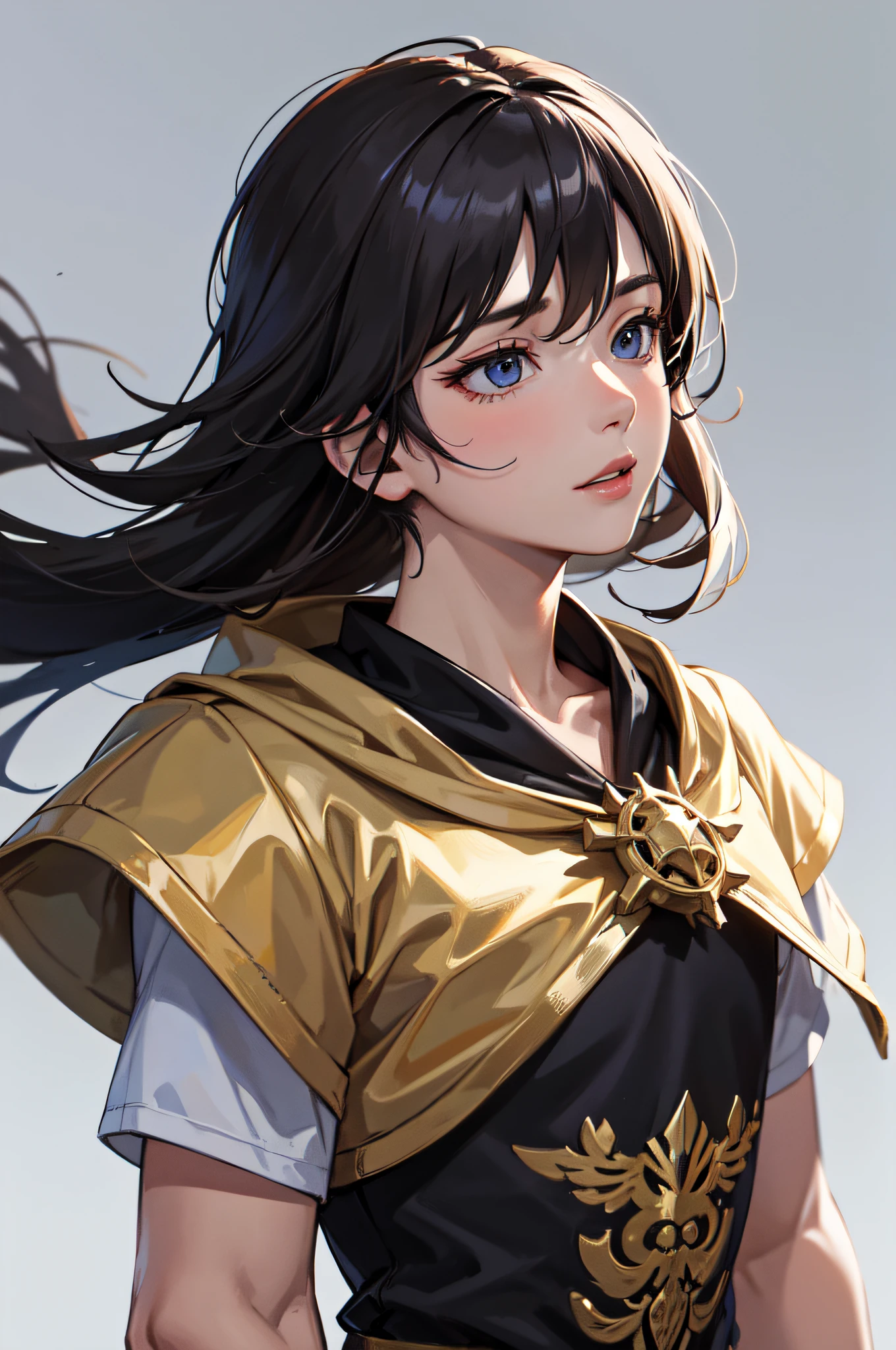 Masterpiece, Best Quality, highres, 1boy, Solo, Upper body only, plain background, Fantasy Clothing, body towards forward