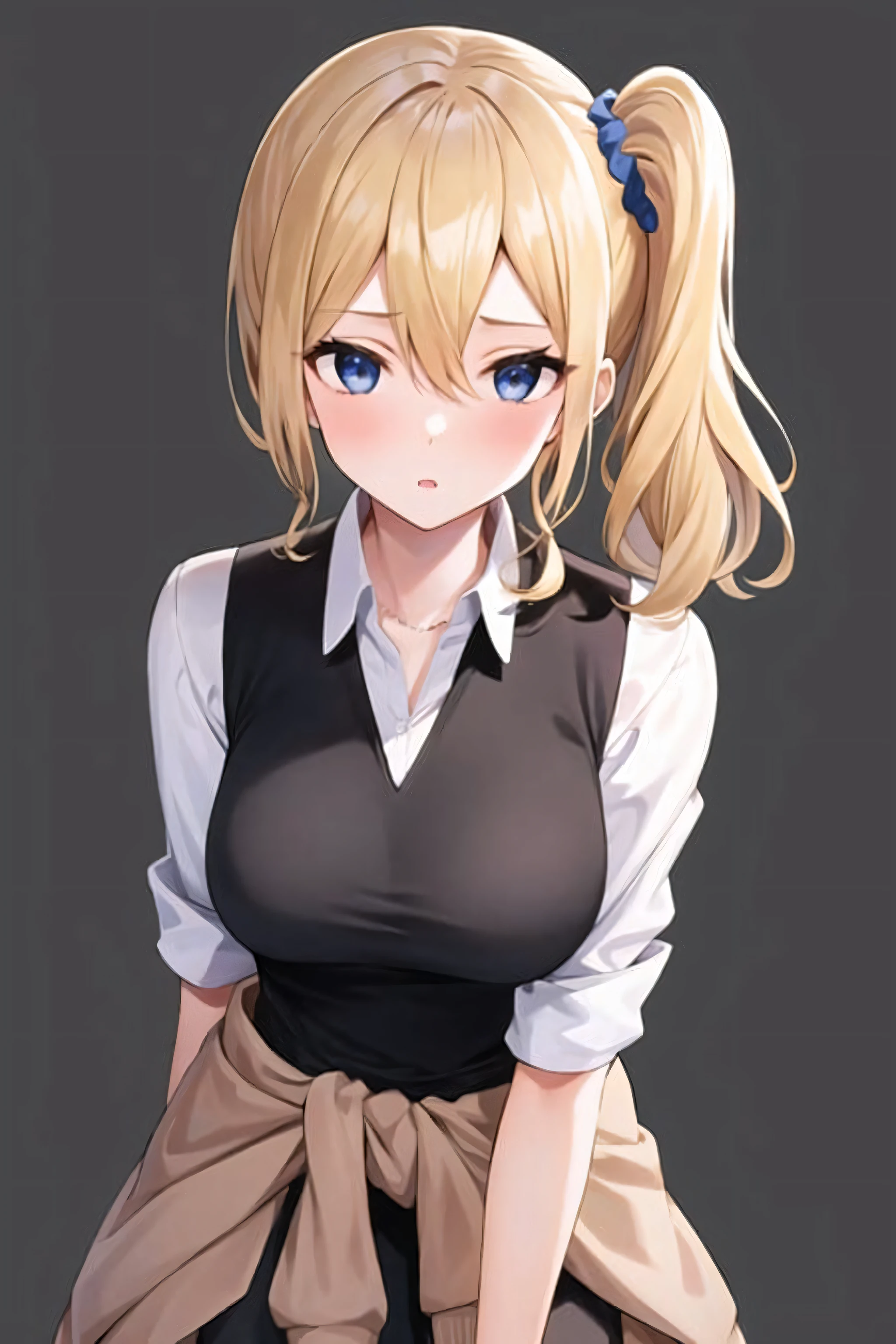 masterpiece, best quality, AiHayasakaV4, 1girl, solo, breasts, looking at viewer, blush, blue eyes, blonde hair, simple background, shirt, hair ornament, white background, hair between eyes, school uniform, white shirt, nail polish, side ponytail, v, scrunchie, hair scrunchie, blue nails, clothes around waist, blue scrunchie, shuuchiin academy school uniform