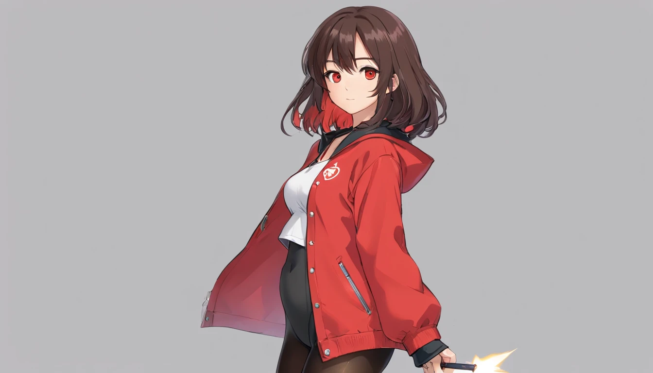 (Master parts, best qualityer), concept-art, Full body image of a Japanese woman，dressed in (Big red jacket:1.2) and a black shirt, fightingpose, intricately details, color difference, (Black pantyhose:1.4), 1girll, with long coiled hair, pale brown hair, Messy hair, droid, Biomechanicals, hair on one eye, honey eyes, Sharp eyes, Neon shirt, Open jacket, big sword, Cybernetic katana, Dark Blade, Japanese role-playing game style, Tech fantasy, Final Fantasy, pastels colors, (simple backgound, white backgrounid:1.3) From the front side，Positive perspective，looking toward the viewer，face to the viewer，Full body photo:1.4,perfect hand，perfect body figure，with perfect legs，perfect foot，Black pantyhose，transparent pubic hair，leg wide open，squatt，No shoes，cleavage，Bigchest，Type M，knee hugging，Hold your legs，focus on the feet，bends his knees，Knees，low chest，cropped shoulders，squatting pose