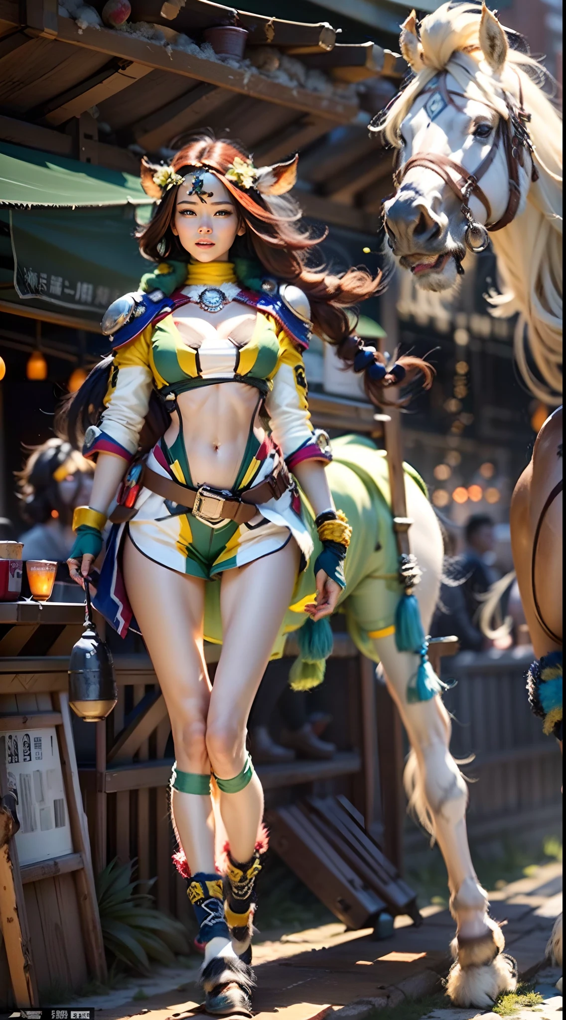 In a very grand scene,The extra-large wide-angle lens captures the appearance of a female centaur。She is tall,It has the ultimate curvy beauty,The muscles are slender and firm,Beautiful lines。Her facial features are tough and coquettish,Always with a sunny smile。She wears special tight-fitting equipment with a strong sense of technology,Step on multifunctional off-road style heels,Delicate and practical protective gear is worn on the hands, feet, wrists, neck and shoulders。The detection equipment around you flashes various cue lights and neon-like information screens,Let her exude a charming brilliance。Use Midjourney's advanced tools,Design special tight-fitting equipment for female centaurs,Highlight her unique physiological characteristics and appearance details,Add realism。And in her adventure scene,Spectacular views of nature,Such as the sky where storms and sunny days alternate、Brilliant rivers of stars and auroras、The snow-capped summit of Mount Everest、Fireworks in the mountain town, etc。ao mesmo tempo,Away from the hustle and bustle of Long Beach Pier is a neon-lit spaceship docked,Create a fantastic scene。Use Midjourney's advanced tools and multiple color palettes、Brush Strokes、Texture tools and model packages,It shows a sense of atmosphere where beauty and charm coexist。The charm of the female centaur is highlighted through color and lines,Enhance realism with detailing,Create a surreal dreamy feeling。Additionally,Use Midjourney's tools to add a variety of extreme sports gear and cultural trinkets to the female centaur,Create intricate hairstyles and outfits,Give her a sense of premium。She never flinches,Regardless of the terrain,can respond quickly,Even the extreme geography and dangerous terrain of aliens cannot stop her。Use Midjourney's powerful tools,You can do it with incredible detail and beauty,Bring this ultra-grand and beautiful scene to life。Ultra-grand scenes,super wide shot, hdr,(真实感,Masterpiece quality,best qualtiy),