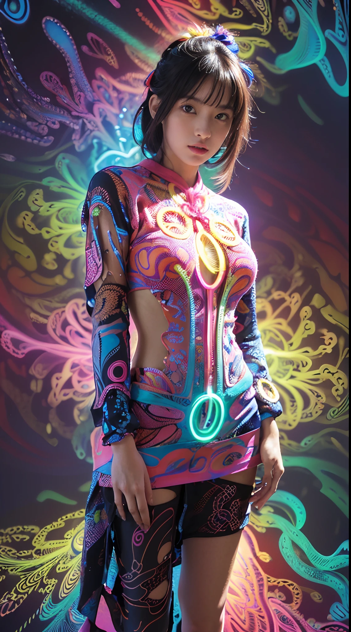 A close up of a woman in a colorful outfit posing for a picture - SeaArt AI