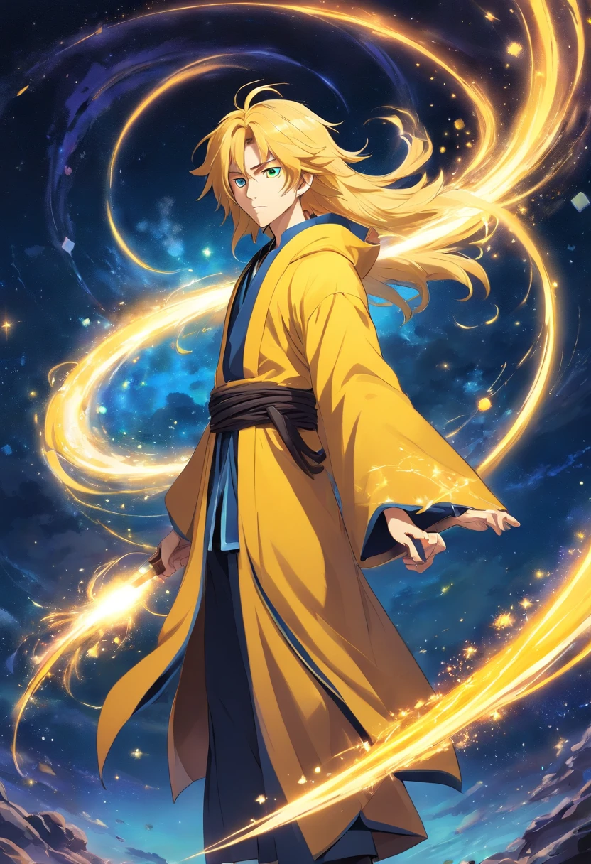 a man, mage, yellow long hair, dark fantasy, detailed yellow and black cosmic robe, cosmic staff