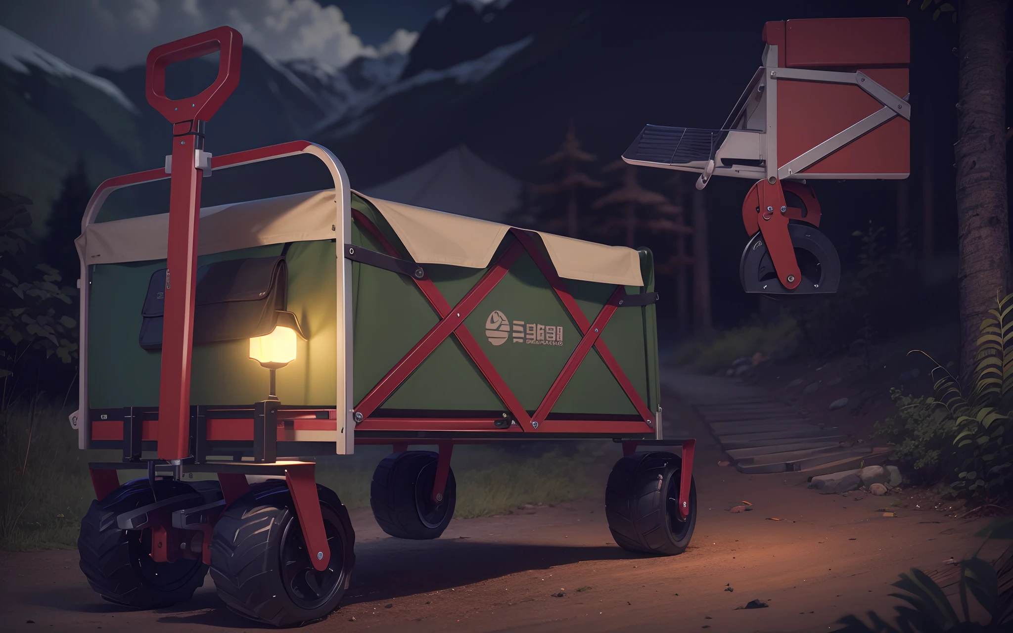 (masutepiece), Full body shot, Photos of the whole camping trolley, A small camping cart with good colors,At night, Charming shape, 8K resolution, High details, epic, Cinematic lighting, Octane rendering, vibrant, Ultra photo realsisim,The colors are bright,solidcolor