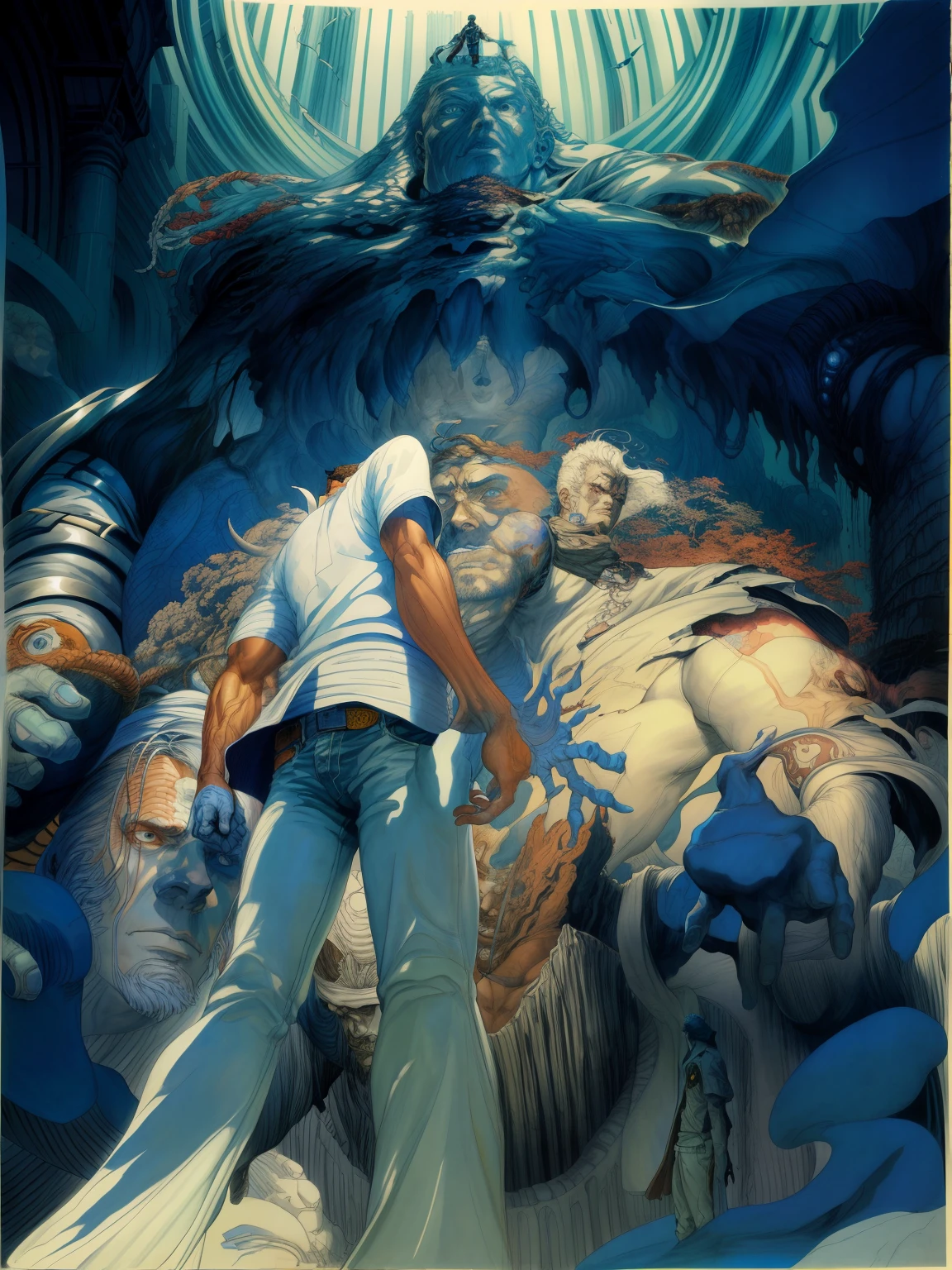 Painting of a man in a white shirt and jeans standing in front of a huge statue, inspired by katsuya terada, inspired by Arthur Adams, epic pencil illustration, james jean marc simonetti, Inspired by Jeff Darrow, insanely detailed linework, posuka demizu, Michael Kaluta and Jia Nguyen, Michael Caluta, detailed penciling