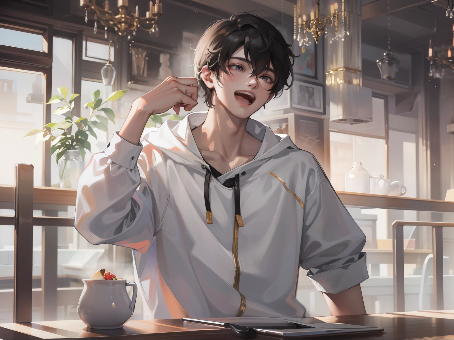 A 20-year-old boy wears white casual clothes,with short black hair,Rampant laughter,Inside the restaurant,grand master,tmasterpiece,8k wallpaper,CG,Ultra-high image quality,light and shadow effect
