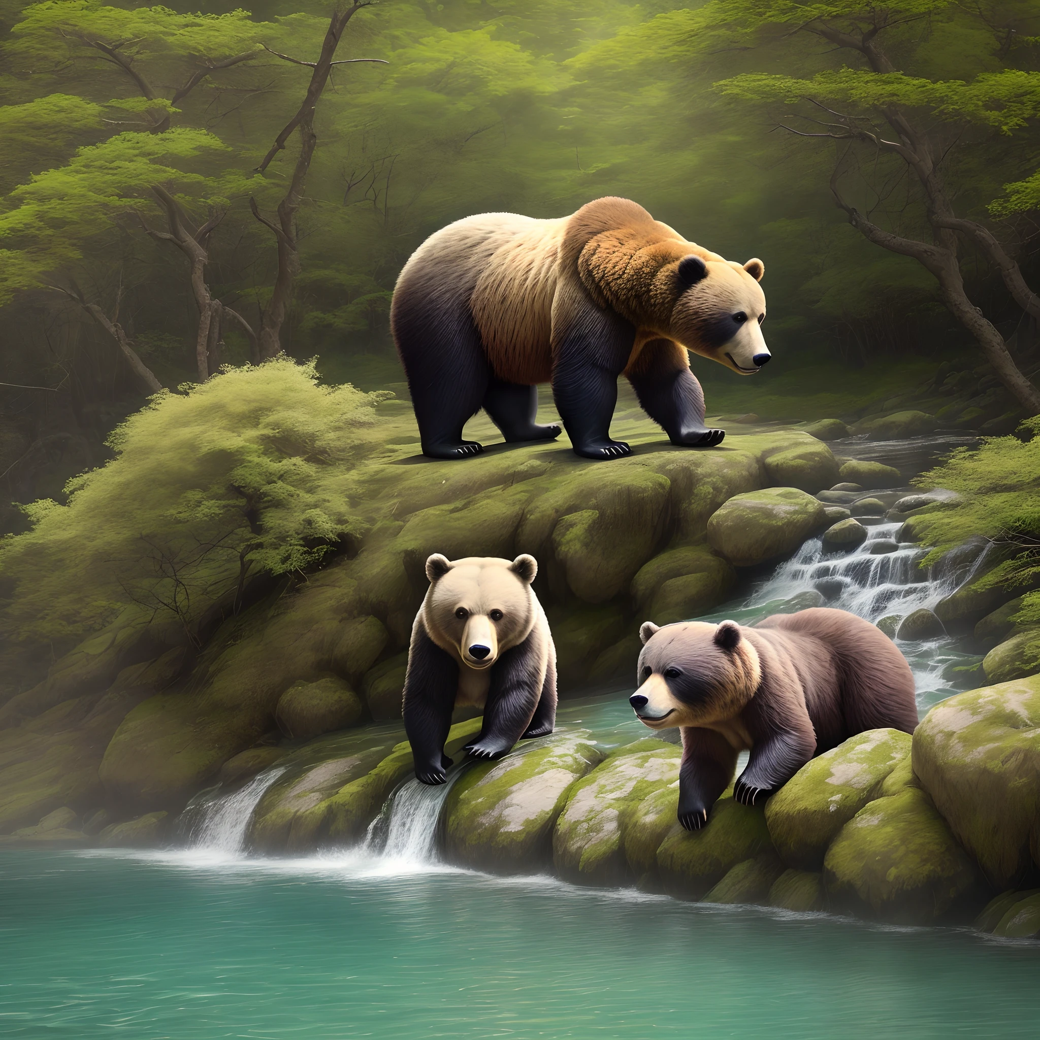 "Por favor, crie uma imagem que retrate a diversidade e a majestade dos ursos na natureza. Highlight different species of bears, como o urso-pardo e o panda, in a setting that represents your natural habitat. Convey the agility of bears by showing one of them swimming in a river and another climbing a tree. Include elements that show the exceptional memory of these creatures, such as the location of feeding locations. Remember to represent the hibernation of bears in winter, com um urso recolhido em uma toca. Capture the cultural importance of bears by including symbols and elements that relate them to legends and myths. Make the image a celebration of the extraordinary life of bears in the wild."