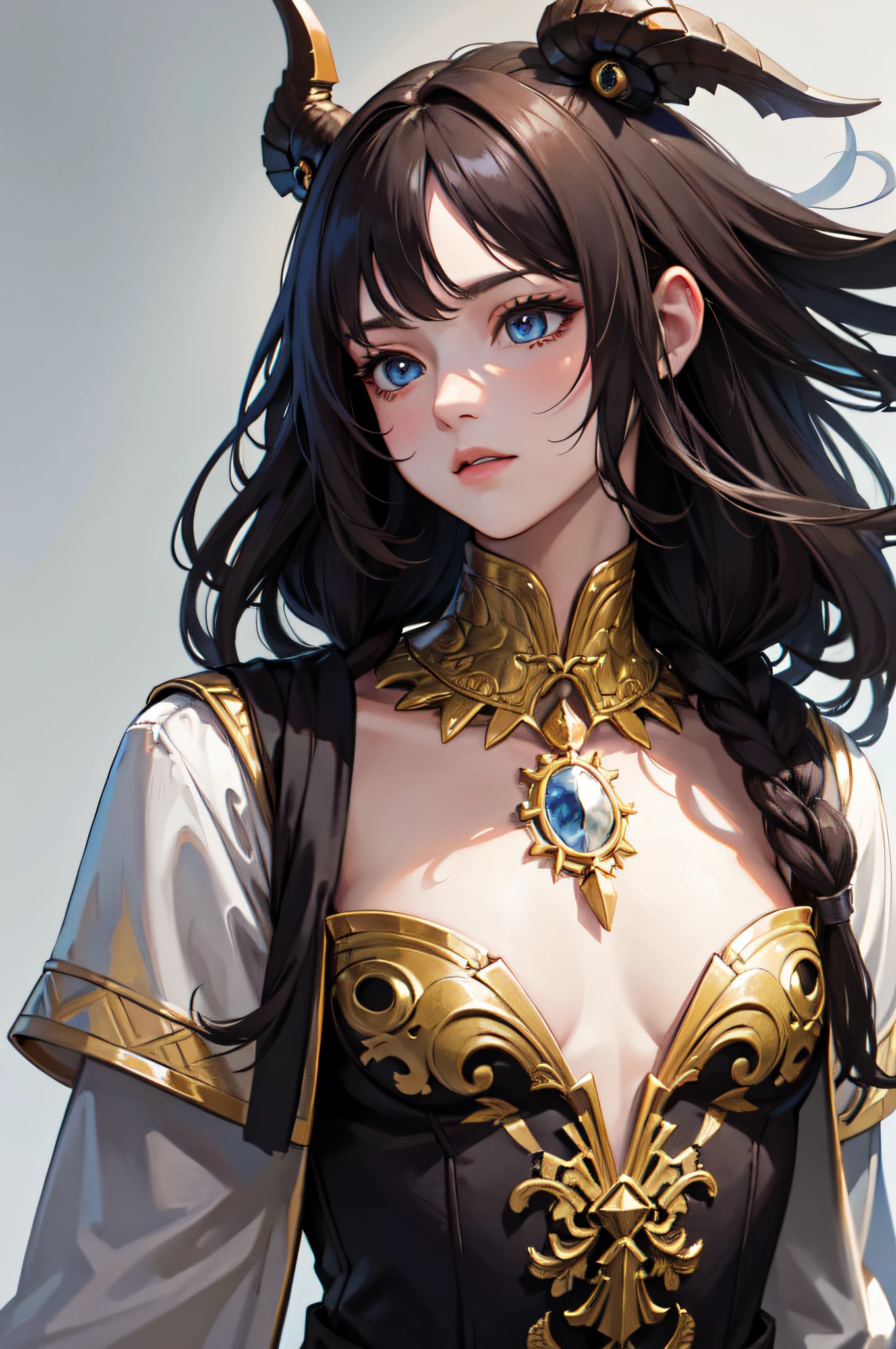 Masterpiece, Best Quality, highres, 1boy, Solo, Upper body only, plain background, Fantasy Clothing, body towards forward