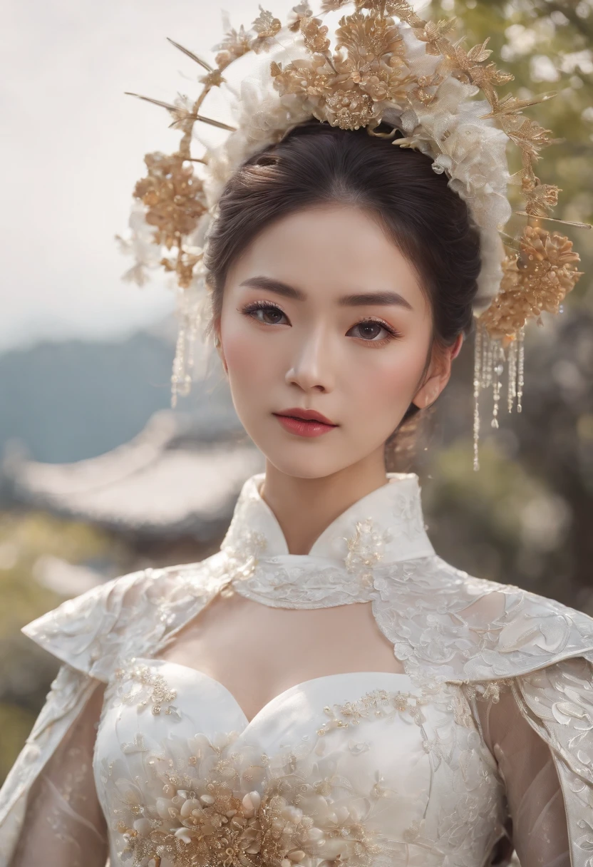 (Best quality,4K,8K,A high resolution,Masterpiece:1.2),Ultra-detailed,(wide wide shot)Wedding photo of a Japanese female robot in the mid-twenties,Made of shiny white and silver translucent glass and plastic, geisha makeup and hairstyle, Silver metal interior body, Glowing gold circuit,