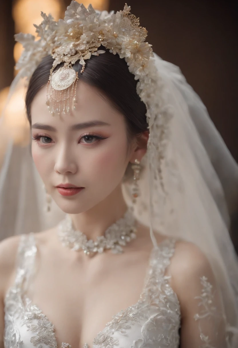 (Best quality,4K,8K,A high resolution,Masterpiece:1.2),Ultra-detailed,(wide wide shot)Wedding photo of a Japanese female robot in the mid-twenties,Made of shiny white and silver translucent glass and plastic, geisha makeup and hairstyle, Silver metal interior body, Glowing gold circuit,