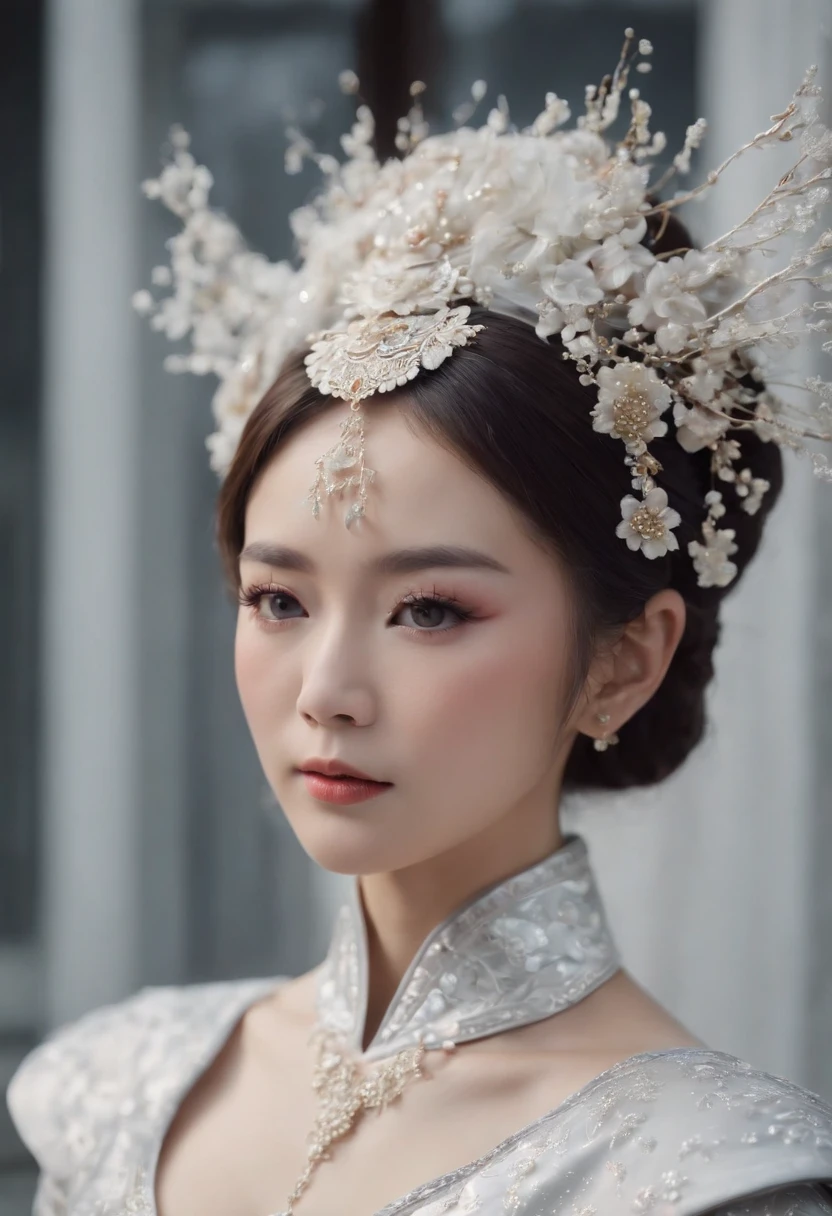 (Best quality,4K,8K,A high resolution,Masterpiece:1.2),Ultra-detailed,(wide wide shot)Wedding photo of a Japanese female robot in the mid-twenties,Made of shiny white and silver translucent glass and plastic, geisha makeup and hairstyle, Silver metal interior body, Glowing gold circuit,