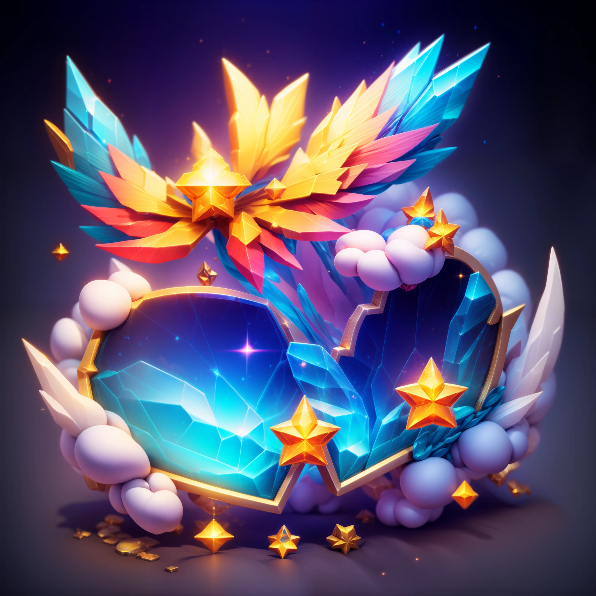 Close up of shoes and diamonds on colorful background, Glass shoes and pigeon feathers, Item Art, star guardians, 3 d icon for mobile game, Magic artifacts, Heartstone Original Art Style, magical items, star guardian inspired, Shiny Gem, maplestory mouse, Shiny gemstones, ornate gem in pommel, angelic halo, shiny armor