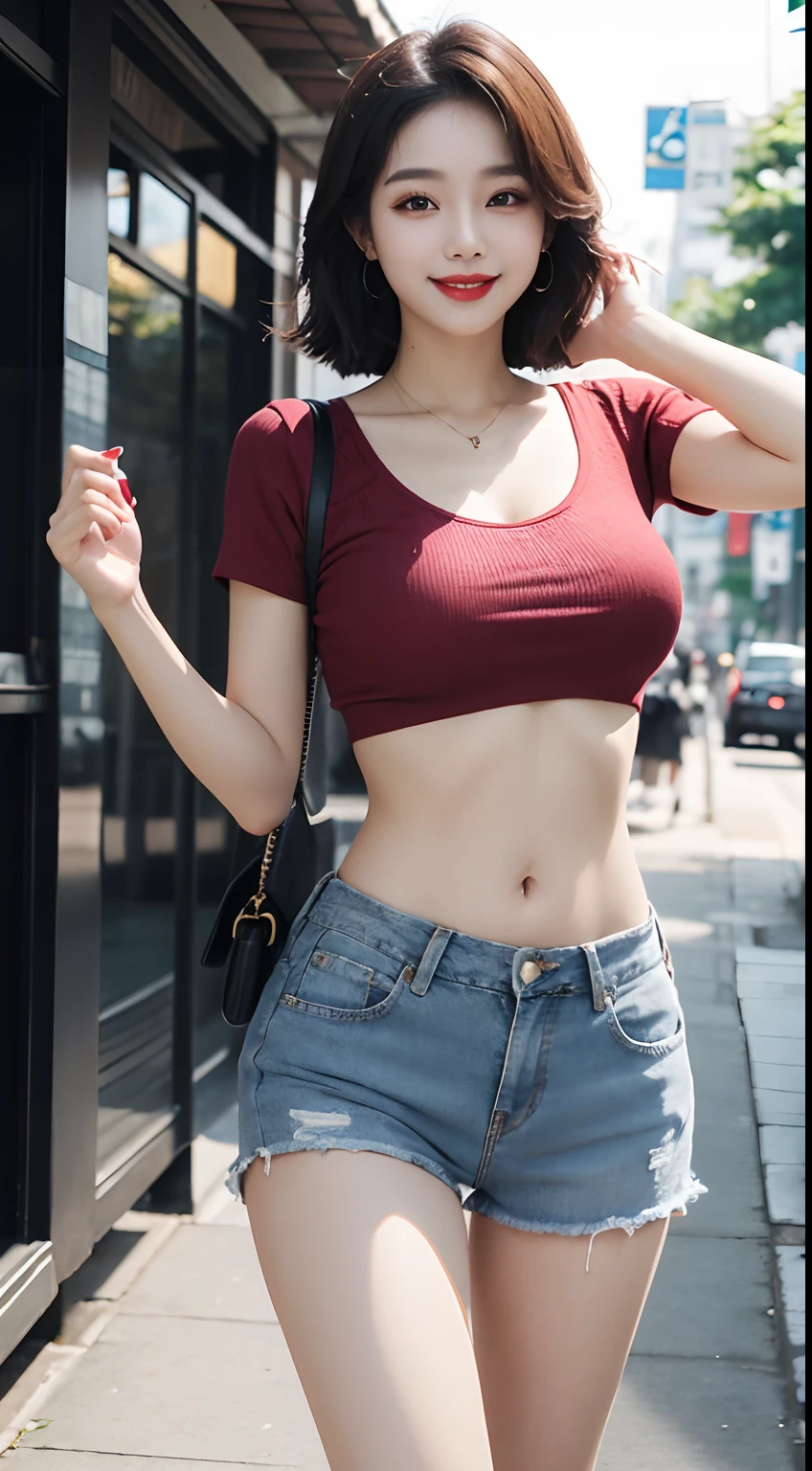 full-body photo, beautiful girls, Korean makeup, Red lips, smile lightly, perfect body, big breasts, thigh, short shirt with open belly, lower abdomen, umbilical piercings, Tight shorts, Jeans, Park View,