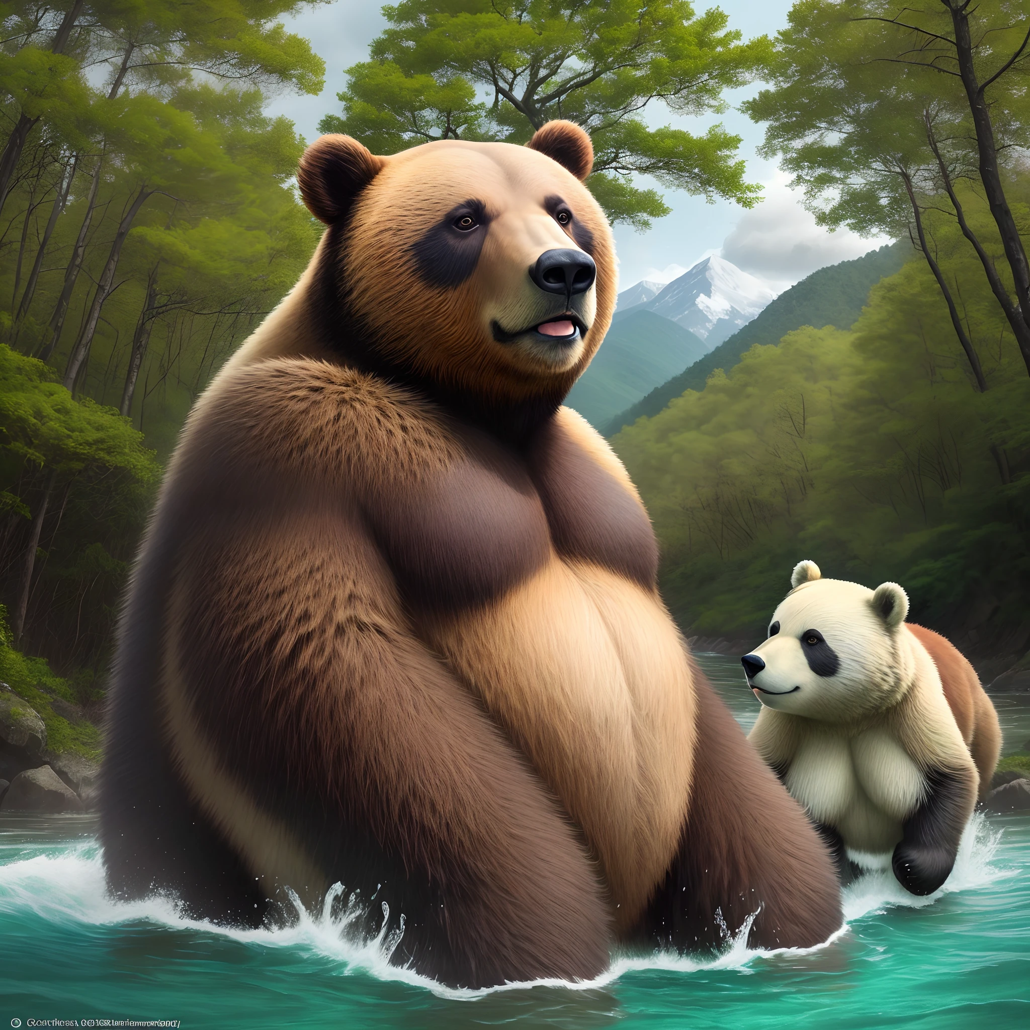 photo of 2heads, grizzly bear, very fat, overweight, heavy, older male, old, two headed, two heads, one body, hairy chest, woods background, night sky, squatting, hunched over, hands on thighs, eyes closed, short grey hair, bald, long gray beard, long gray hair, sweaty, old, grimacing, nude, penis, flaccid, testicles, identical, masterpiece, realistic, stylized, 3d, muscular, fat, masculine, neck crease