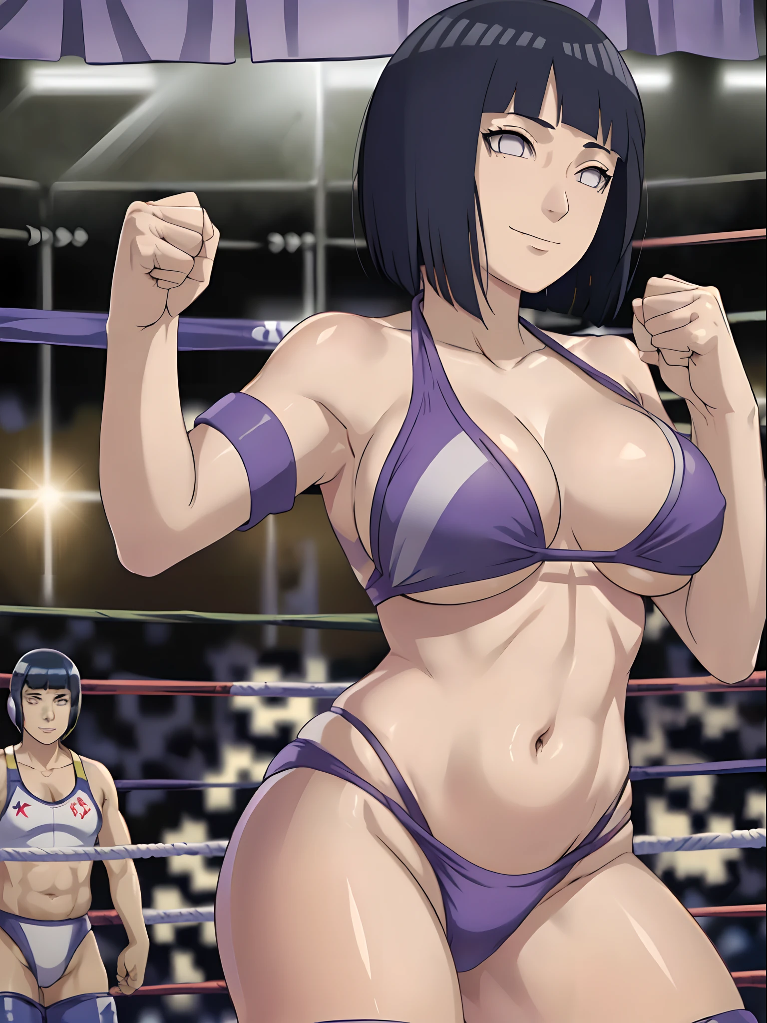 (hinata\(boruto\), (female wrestler), (slender body), mature woman, milf, (bikini, wrestling gear) victorious, gorgeous, winner, kind face, smile, closed mouth, pale skin, (dark blue hair color:1.1), wavy hair, ((short hair, hime cut), big breasts, (only one arm stretching), long belly, closed fists