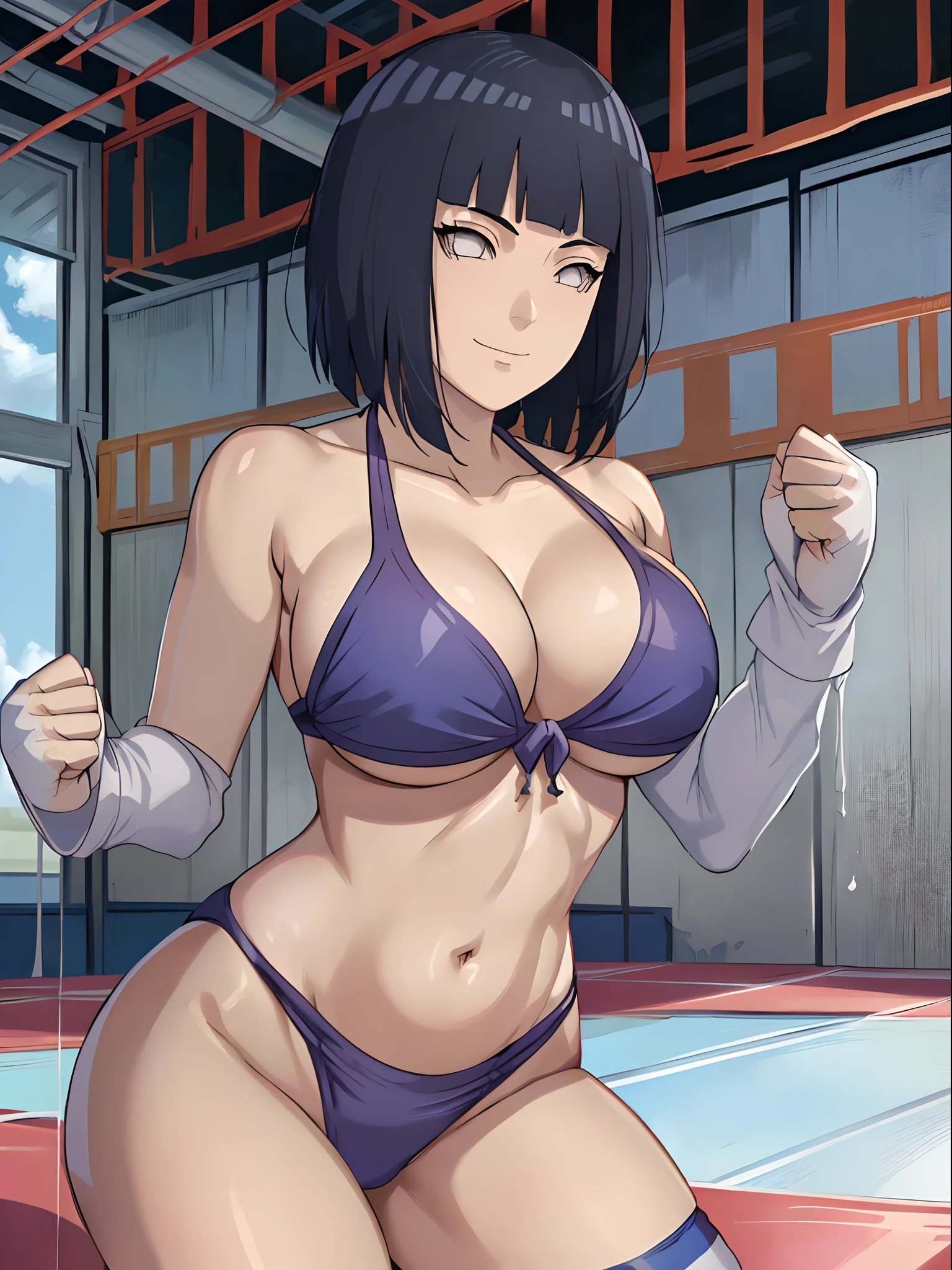 (hinata\(boruto\), (female wrestler), (slender body), mature woman, milf, (bikini, wrestling gear) victorious, gorgeous, winner, kind face, smile, closed mouth, pale skin, (dark blue hair color:1.1), wavy hair, ((short hair, hime cut), big breasts, (only one arm stretching), long belly, closed fists