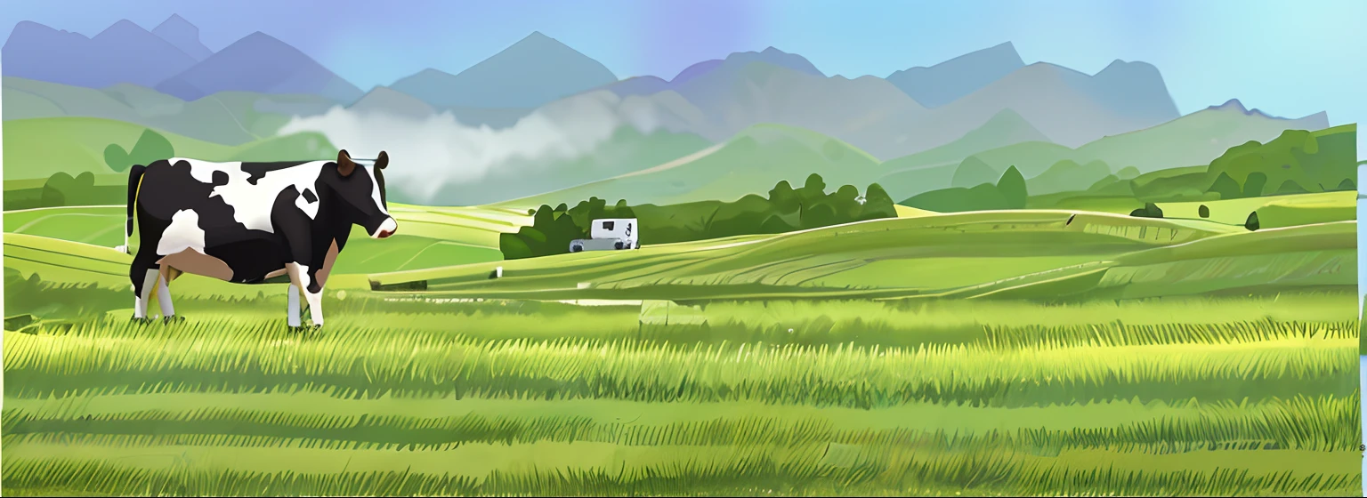 There was a cow standing in the grass, Landscape illustration, anime countryside landscape, grass mountain landscape, natural landscape background, farm field background, Landscape background, Detailed 2D illustration, farm background, amazing landscape in background, Beautiful Landscape Background, scenic environment, grass field, meadow background, Countryside, Highly detailed illustration.”, Natural landscape, lindo cenario