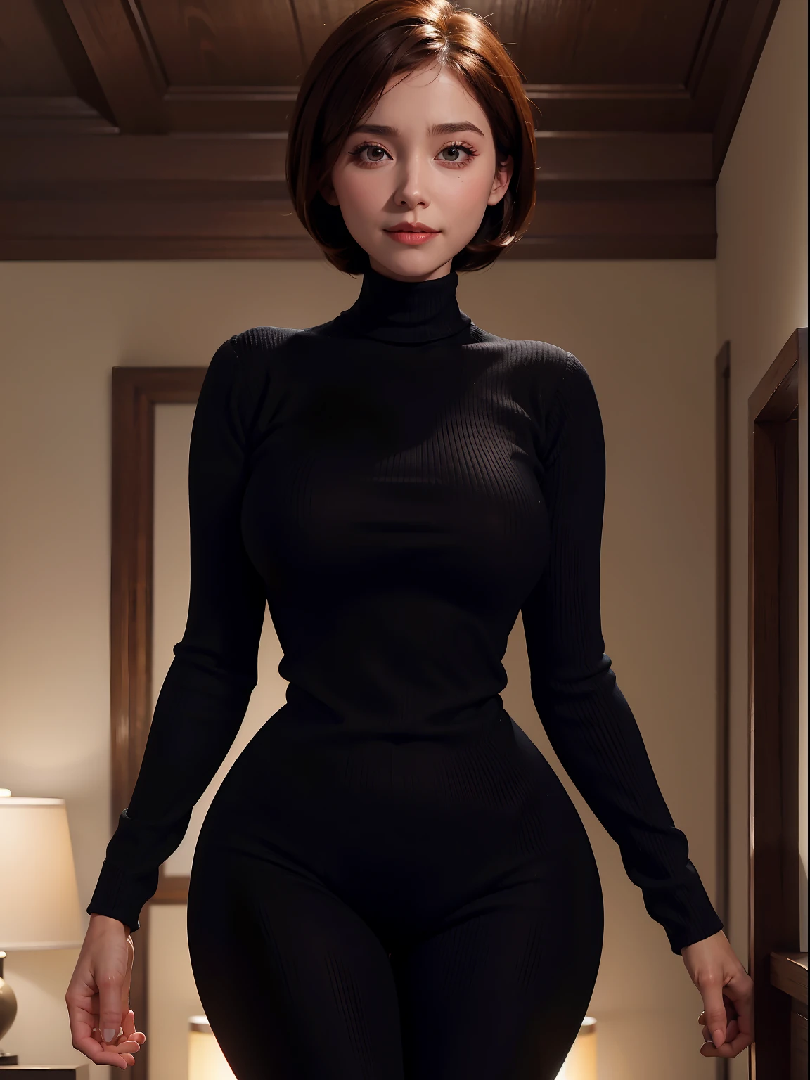 helen parr, masterpiece, best quality, solo, brown hair, brown eyes, turtleneck, sweater, short hair, turtleneck sweater, ((seductive, shy)) smile, black sweater, 1girl, indoors, black sweater, thick thighs, wide hips