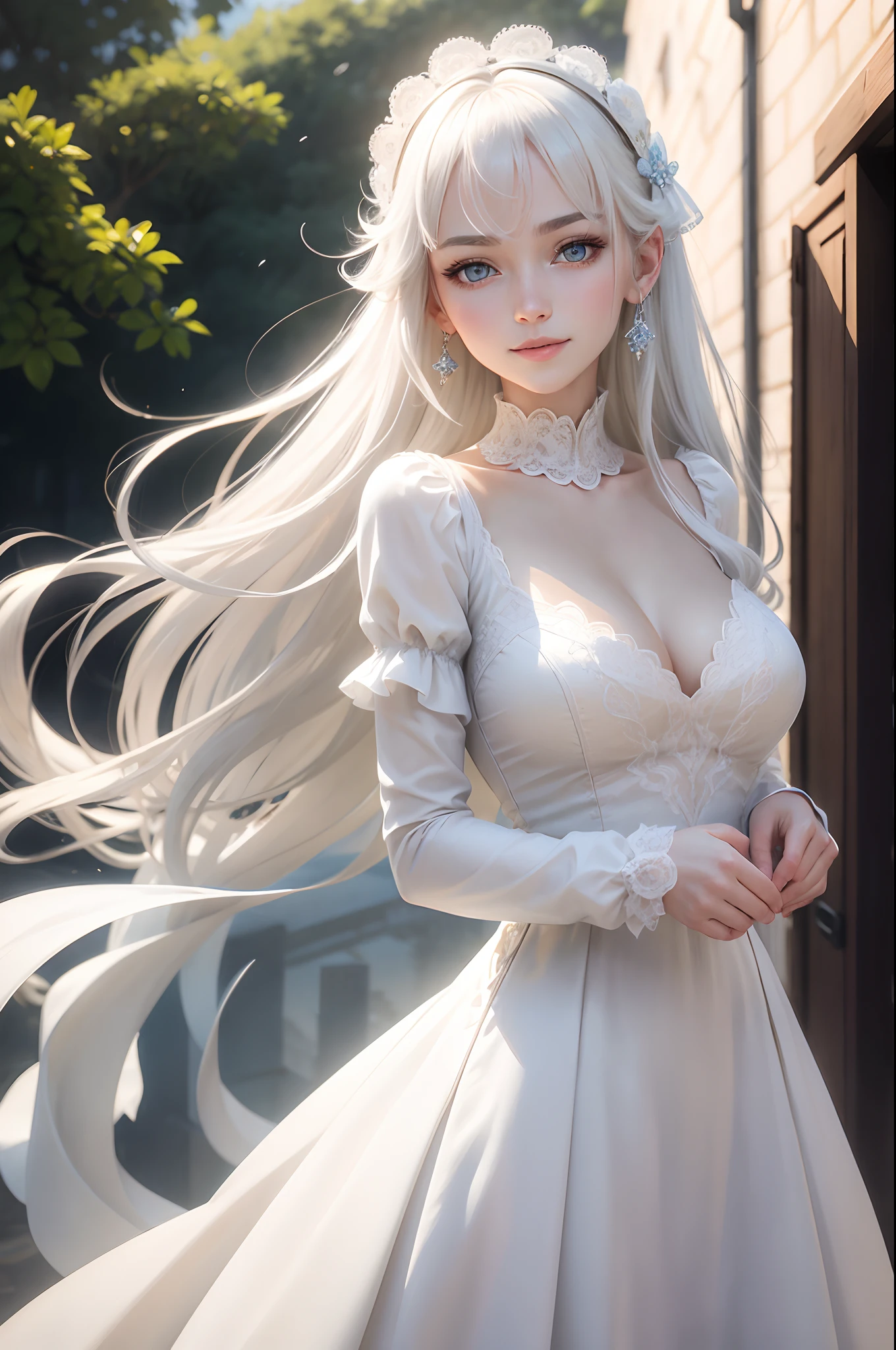 Classy long dress、realisitic、Photo Quality、4K、8K、adult lady、Adults、white hair、Longhaire、Parthenon、Eyes are clear、Blue eyes、adult-like Large white windows、Gentle smile、Smile quietly、adult lady、elegent、Small earrings on glass、photogenic、top-quality、high-level image quality、masterpiece、Professional Writing、greeneye、独奏、White Dress、Bangs beauty、Beautiful expression detailed and realistic portrait)、(Shot outside with round eyes and long flapping hair)、Staring at the camera Dramatic lighting、Photographic realism、ultra-detailliert、 Intimate portrait composition、(Center image composition)、top grade、Gentle smile、refinement、nobles、adult lady