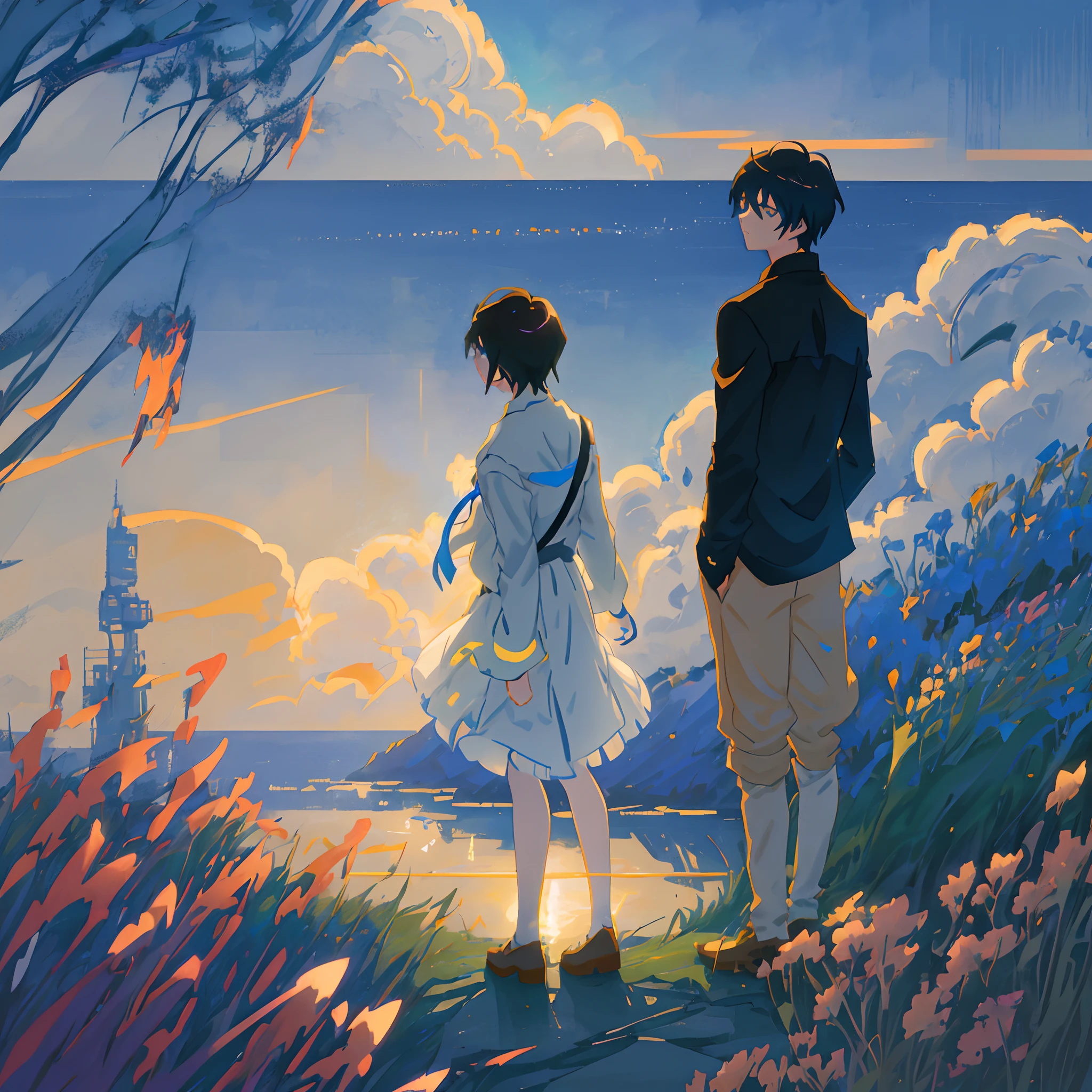 anime boy standing in a field of flowers looking at the ocean, makoto shinkai art style, makoto shinkai cyril rolando, makoto shinkai style, makoto shinkai!, handsome anime pose, anime portrait of a handsome man, young anime man, style of makoto shinkai, makoto shinkai!!, in style of makoto shinkai