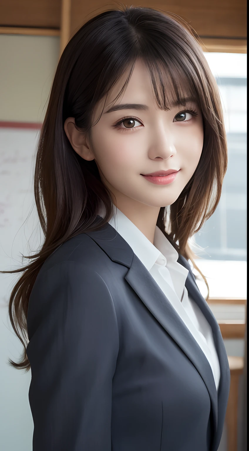masutepiece, Best Quality, Illustration, Ultra-detailed, finely detail, hight resolution, 8K Wallpaper, Perfect dynamic composition, Beautiful detailed eyes, suits,Medium Hair,  Natural Color Lip, Random and sexy poses,Smile,‎Classroom、20 years girl、lifelike face、real looking skin、Realistic eyes、cute little