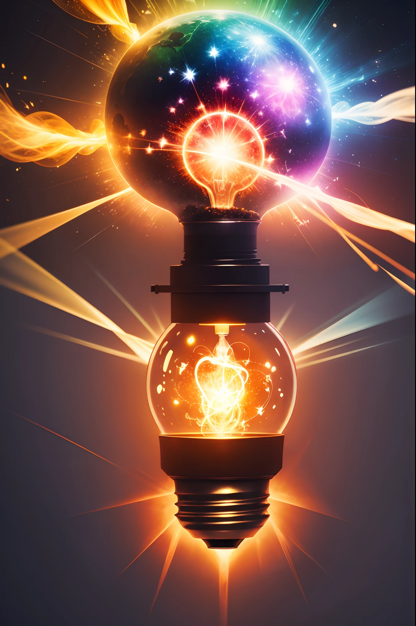 light bulb, explosion of brilliant light bursts from the light bulb, enlightenment, new idea, vivid colours, epic fantasy, joy
