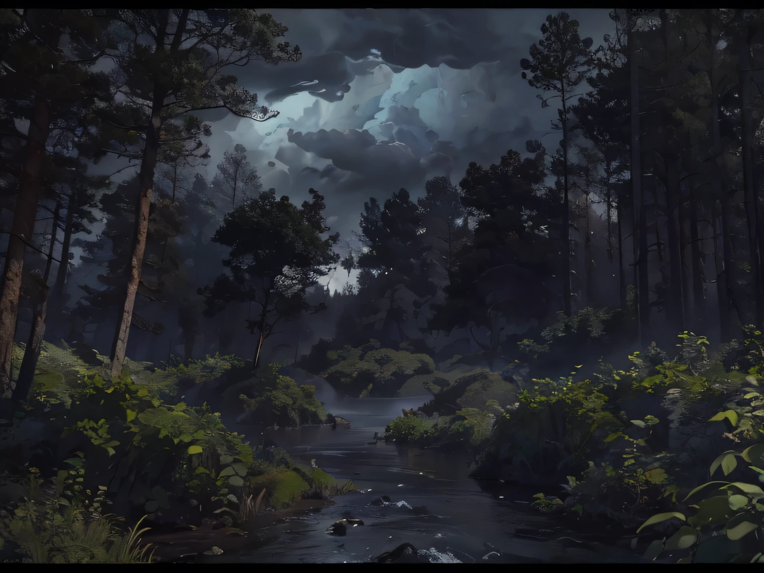 dark stormy clouds，the dark forest，