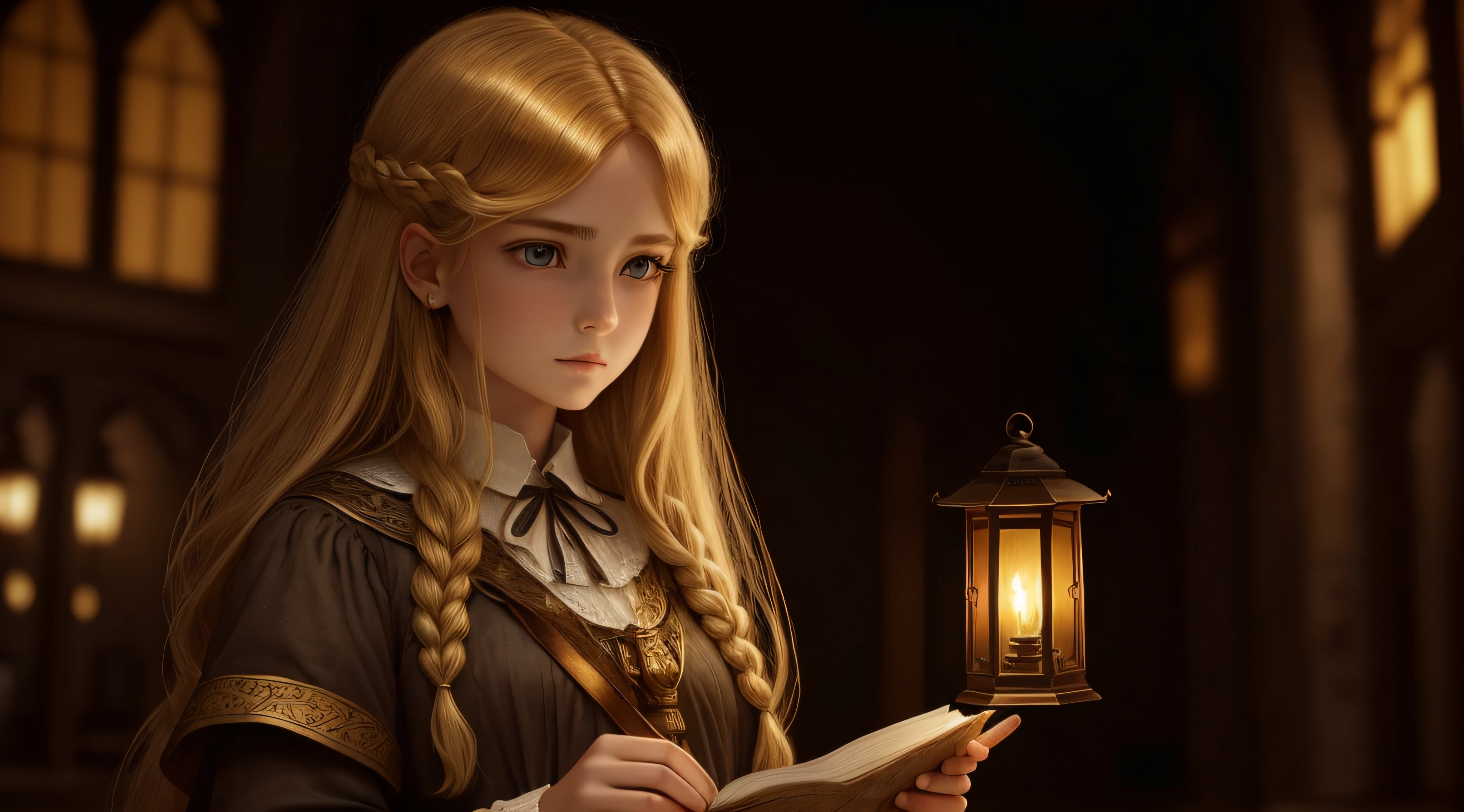 with darkness, overcast sky, Princess Lila golden hair look of resolve, holding a map and handed an antique lantern, ready to embark on her quest., (beautiful face:0.8),hight details, (worst quality:2), (hight quality:2), (hight quality:2), hight, hight quality, ((monochrome)), ((grayscale)), skin good, , tilted head, {Multiple people}, hight, good anatomy, good hands, holding a map in left hand and handed an an antique lantern on right hand. golden hair.