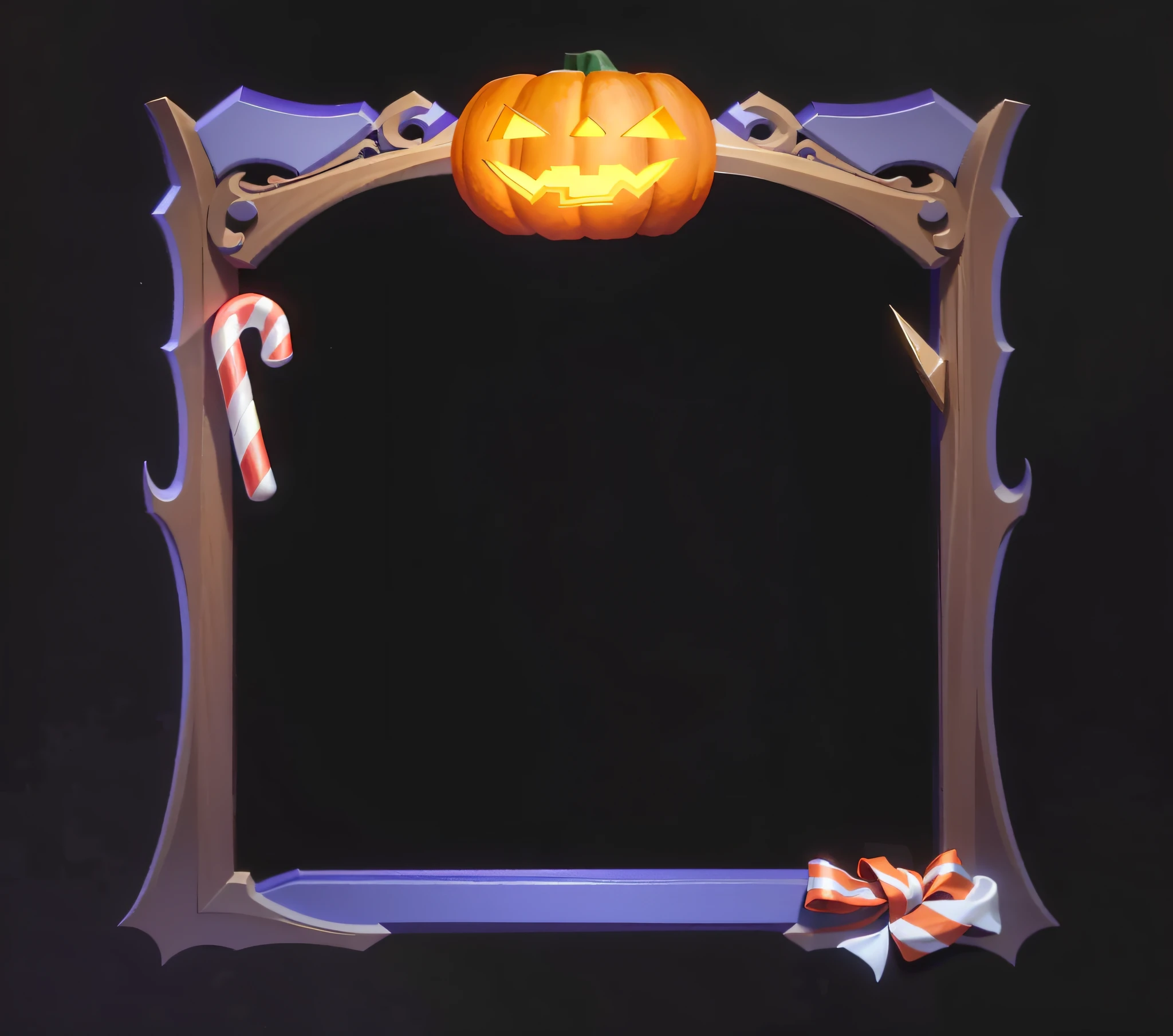 Close-up of frame shot with pumpkin and candy cane, halloween theme, spooky halloween theme, halloween art style, wonderland portal, game overlay, halloween scene, background artwork, haunted background, arte de fundo, game icon asset, game assets, The border of wood + concept-art, ingame image, Card frame, halloween celebration, scary magical background, Halloween