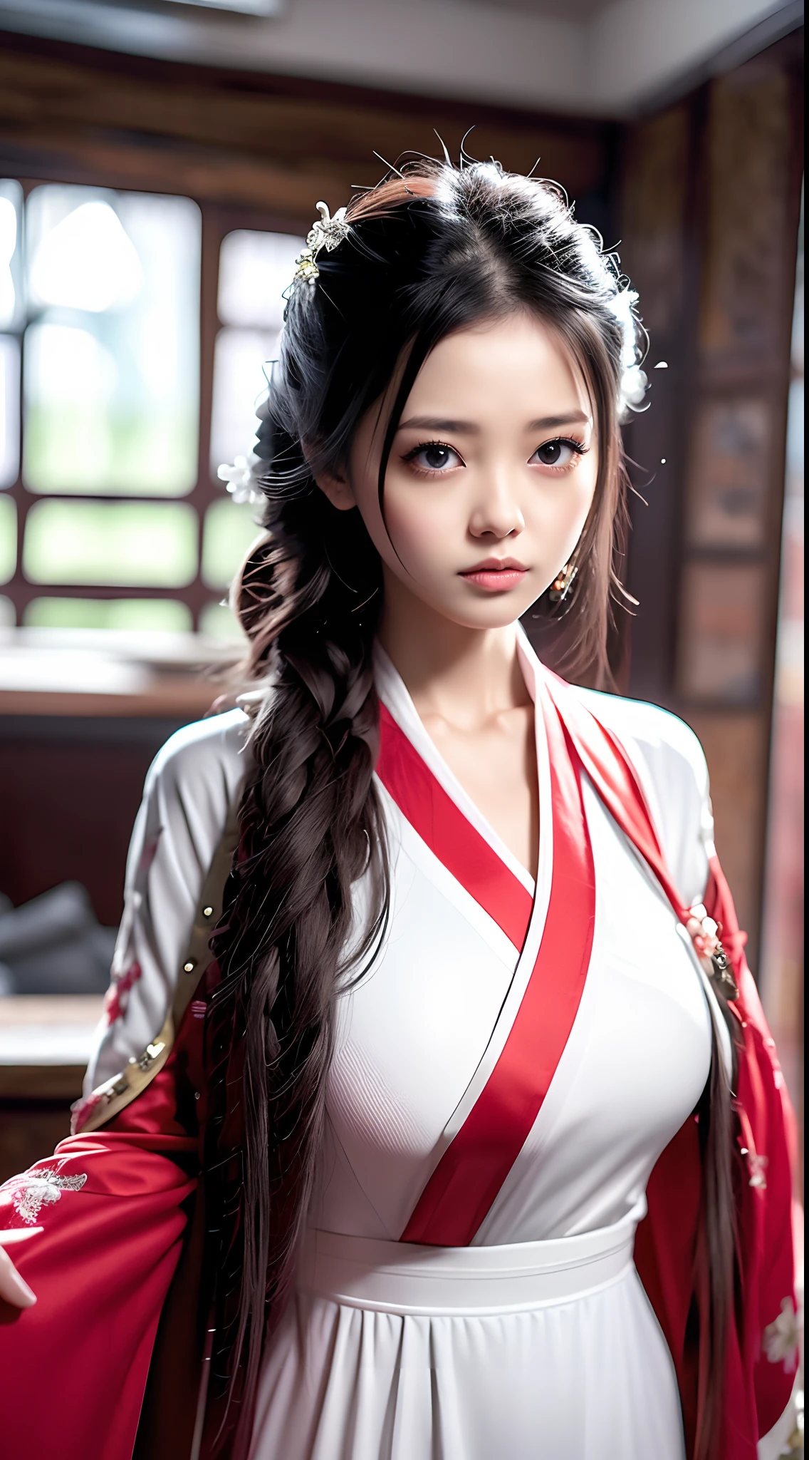 Beautiful detailed woman,very detailed eyes and faces, A detailed eye, ultra - detailed, A high resolution, The is very detailed,best qualtiy,illustratio,unified,8k 壁纸,tmasterpiece,best qualtiy,1girll, ChineseGirl，Chinese looks，full bodyesbian，flowing robe，Super beautiful face, super beautiful eye,Flowing hair， Shawl hair，Simple hair accessories，full bodyesbian，Plain white dress，long yarn，Beautiful picture，snowy day，snowfield，clubs，See plum blossoms in the snow，enjoying，gentleness，Casual pose