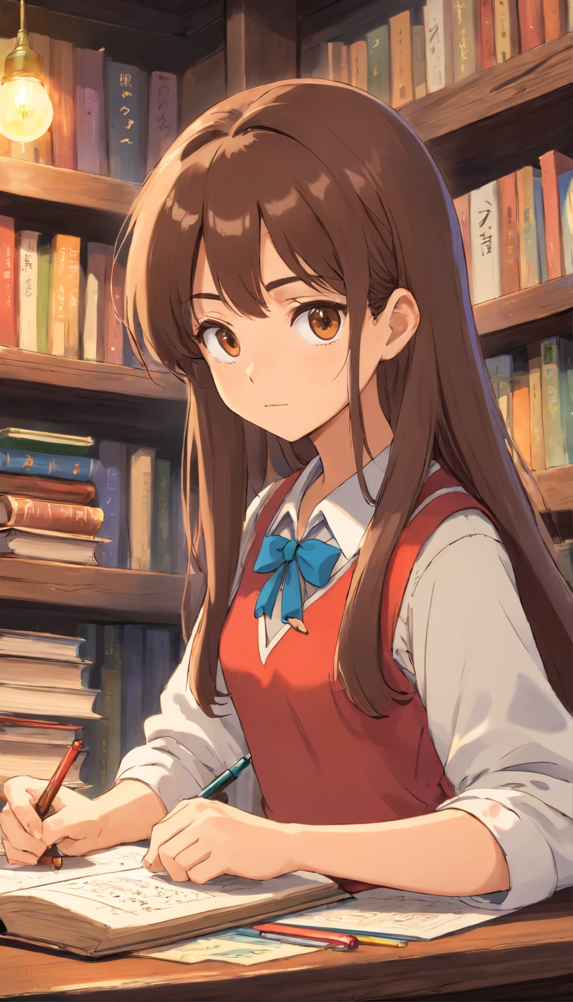 A girl who is serious, smart, genius, creative, more into games than reading,lazy in studying,long hair,brown hair wearing decent uniform studying in a messy place.