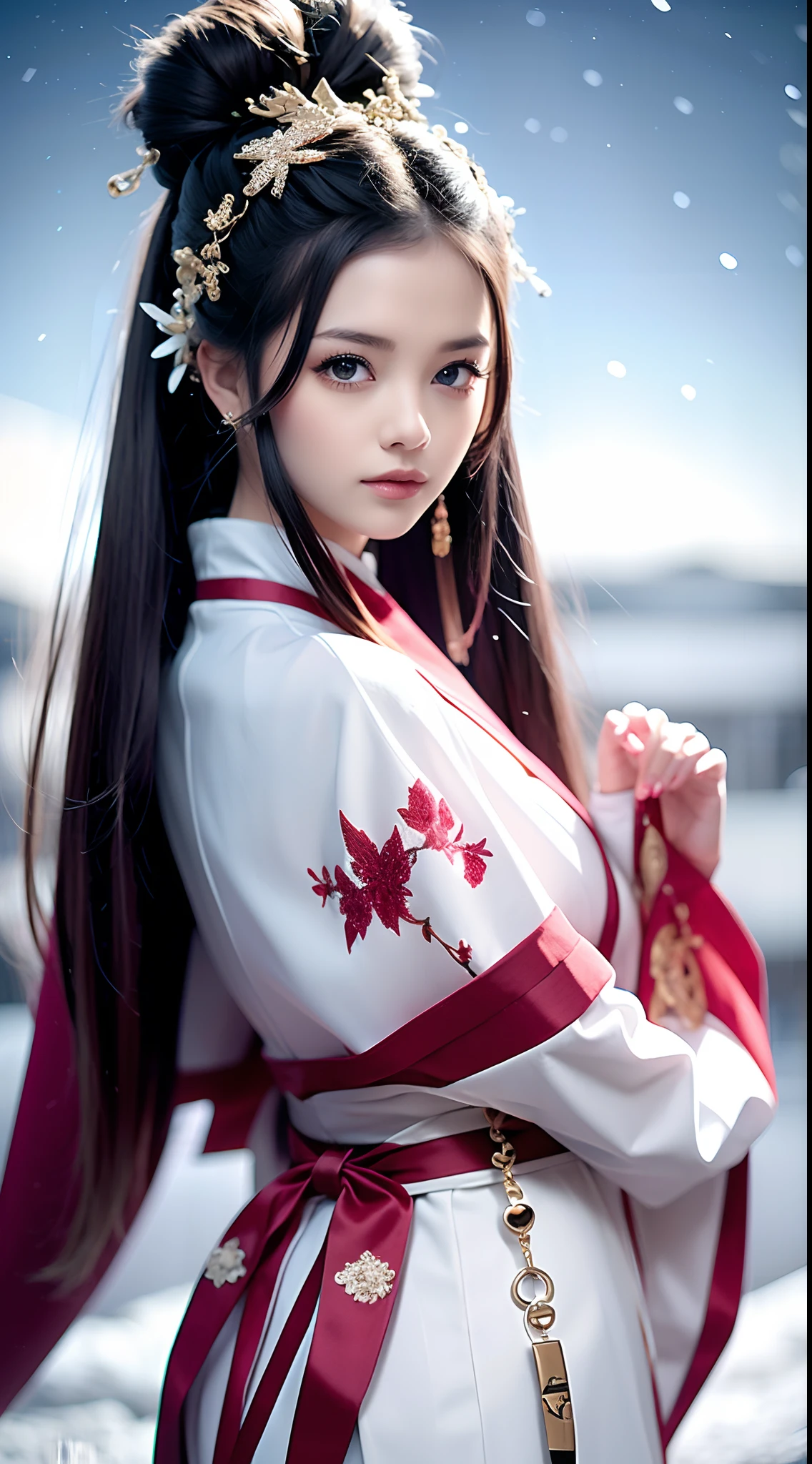 Beautiful detailed woman,very detailed eyes and faces, A detailed eye, ultra - detailed, A high resolution, The is very detailed,best qualtiy,illustratio,unified,8k 壁纸,tmasterpiece,best qualtiy,1girll, ChineseGirl,Chinese looks,full bodyesbian,flowing robe,Super beautiful face, super beautiful eye,Flowing hair, Shawl hair,Simple hair accessories,full bodyesbian,Plain white dress,long yarn,Beautiful picture,snowy day,snowfield,clubs,See plum blossoms in the snow,enjoying,gentleness,Casual pose