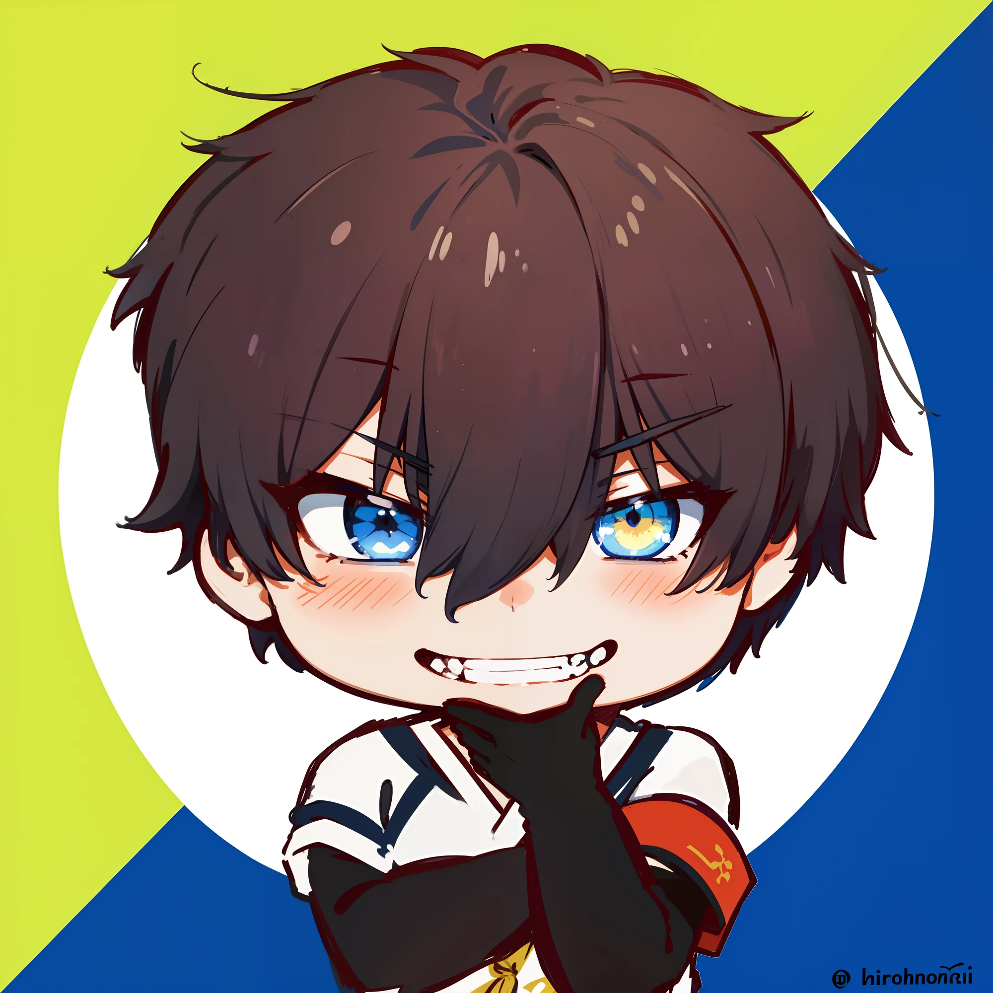 Anime boy blue and white shirt, [[[[grinning evily]]]], nobutaka ike, zerochan, Anime moe art style, inspired by Un'ichi Hiratsuka, inspirado em Okumura Masanobu, zerochan art, hiro, Also, ryuko matoi, no type, Sapphire Research