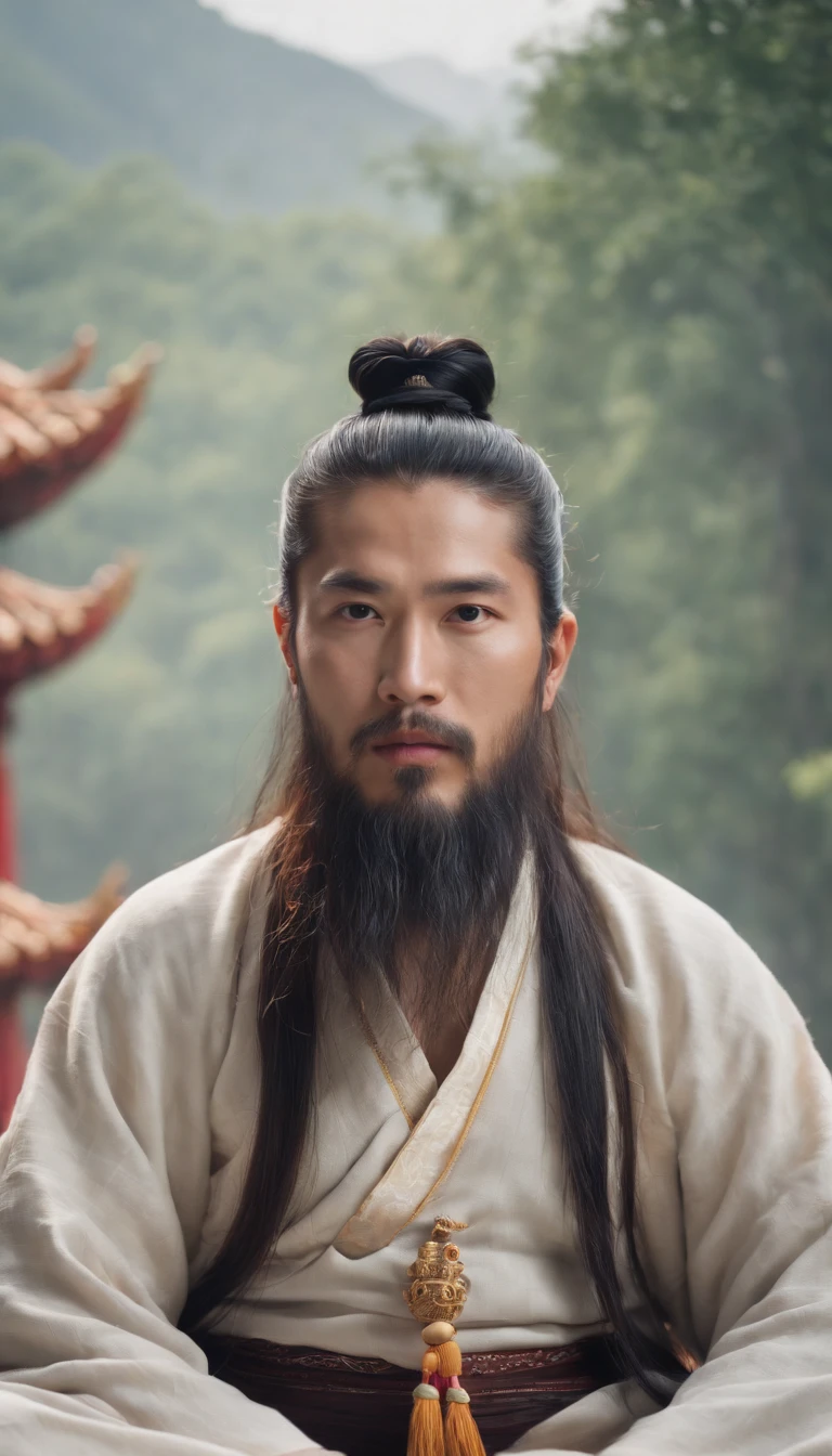 Young male Taoist leader in China,Long beard,Meditate cross-legged, at centre,Very bright colors,lunar backdrop, Light particles, with light glowing, Mshiv, wallpaper art, UHD wallpaper
