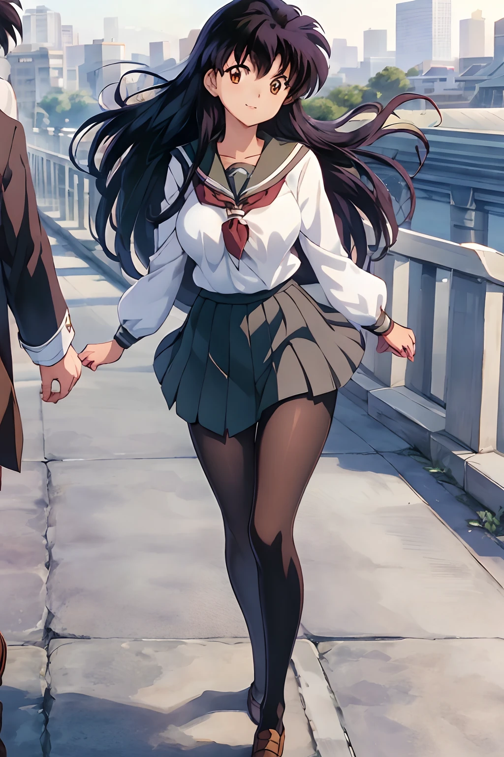 (Best Quality), 1Woman,1girl Kagome Higurashi, brown eyes, full body, photorealistic, (hyperrealistic:1.2), perfect eyes, perfect face, perfect lighting, outdoors, warm colors, city, school uniform, happy, , walking,, smile, pantyhose green